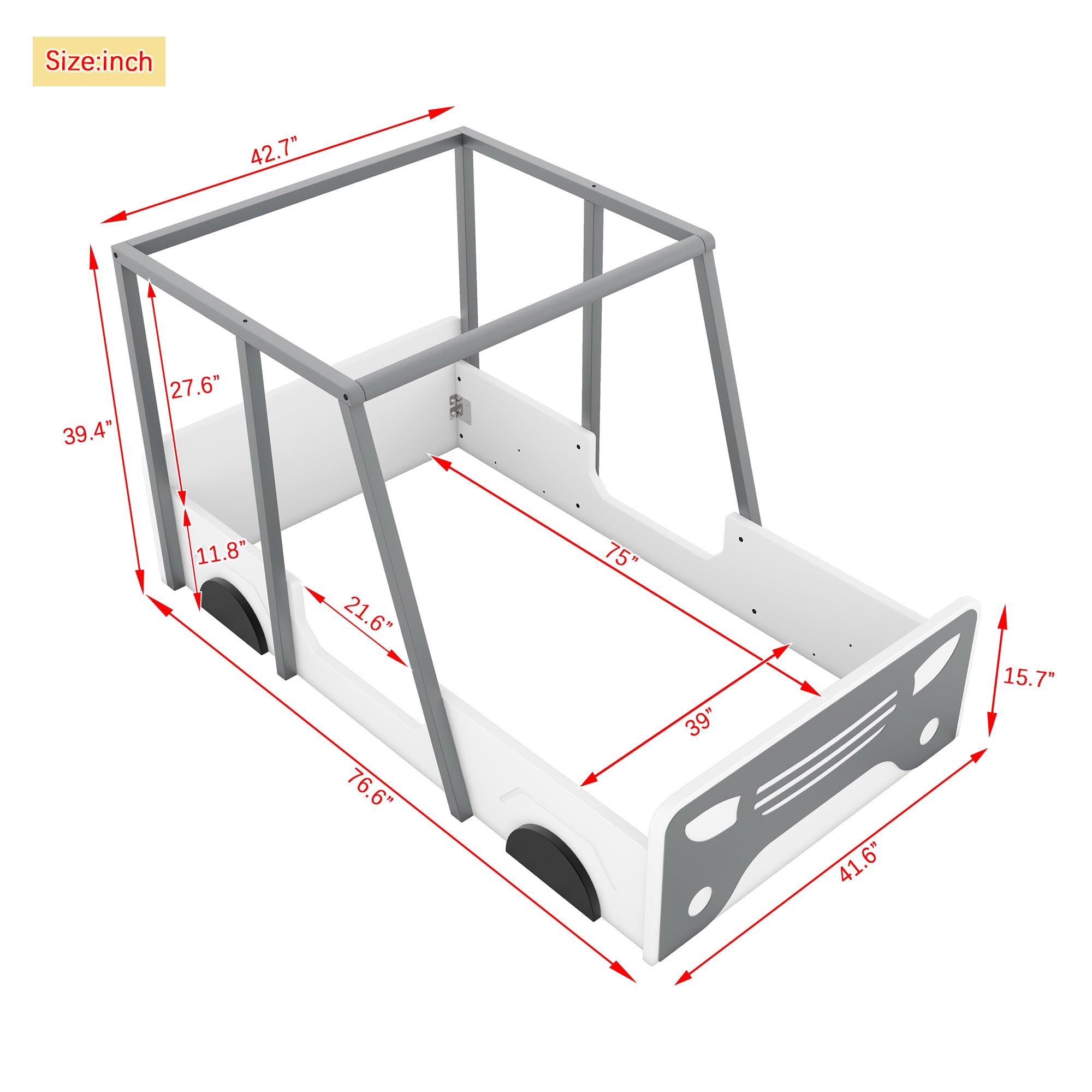 Gray Twin Size Car-Shaped Bed with Roof and Wooden Wheels