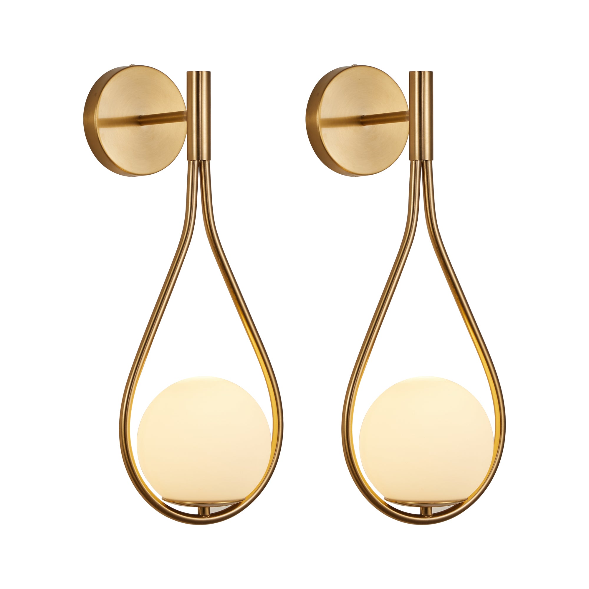 Set of 2 Modern Gold Wall Sconces with Opal Glass Globes