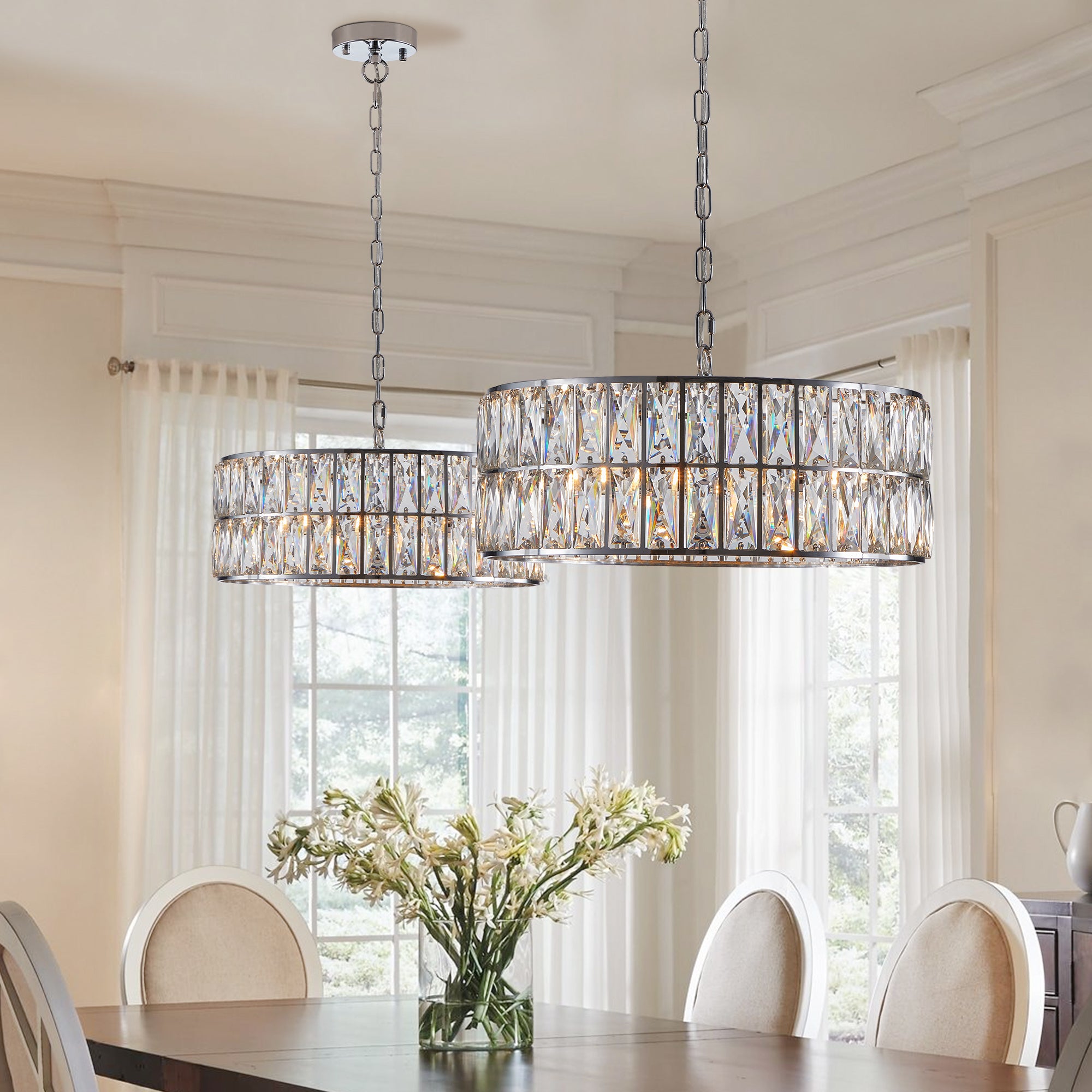 6-Light Pendant Crystal Drum Chandelier with Silver Metal Frame