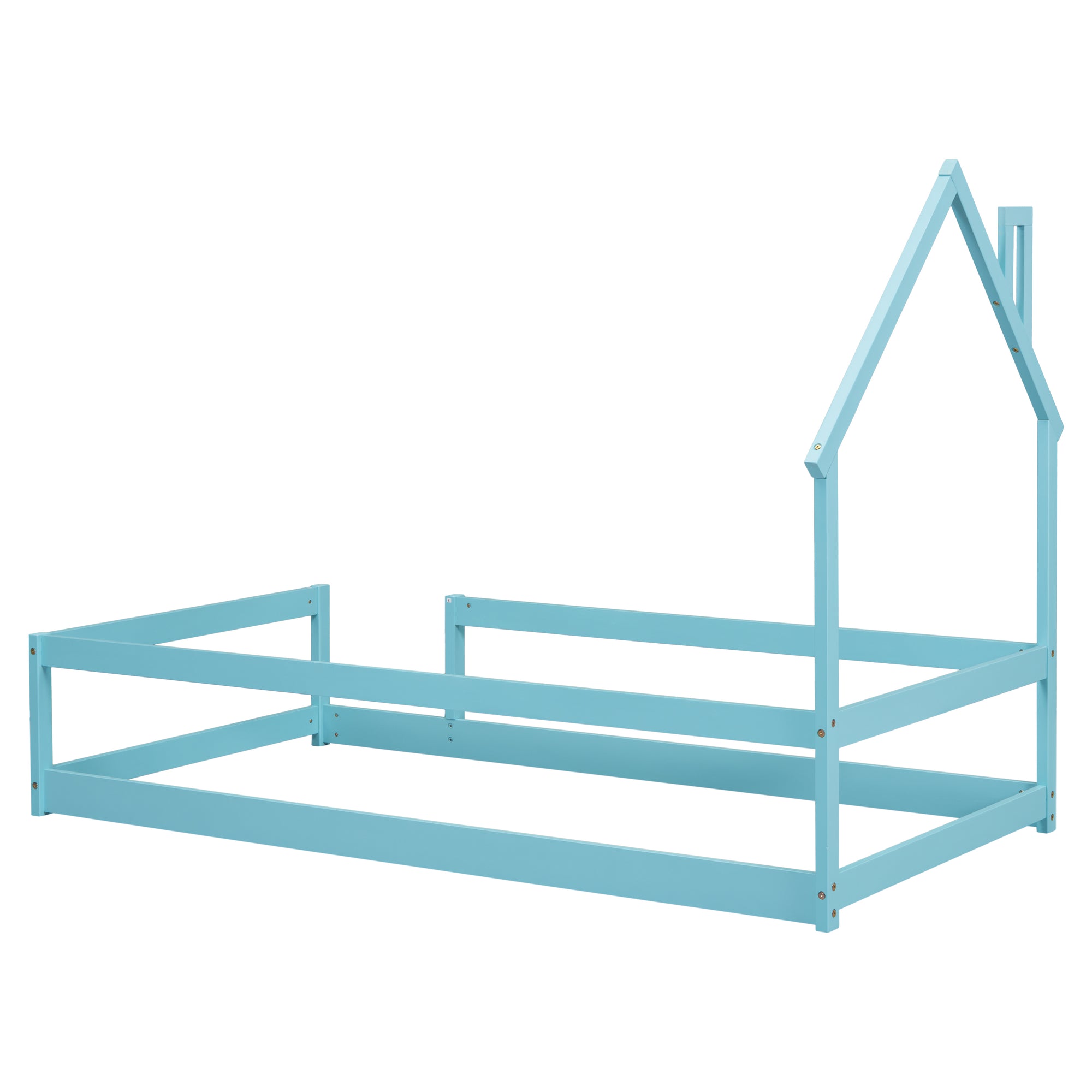 Light Blue Twin Size Wood Toddler Floor Bed with House-Shaped Headboard & Guardrails