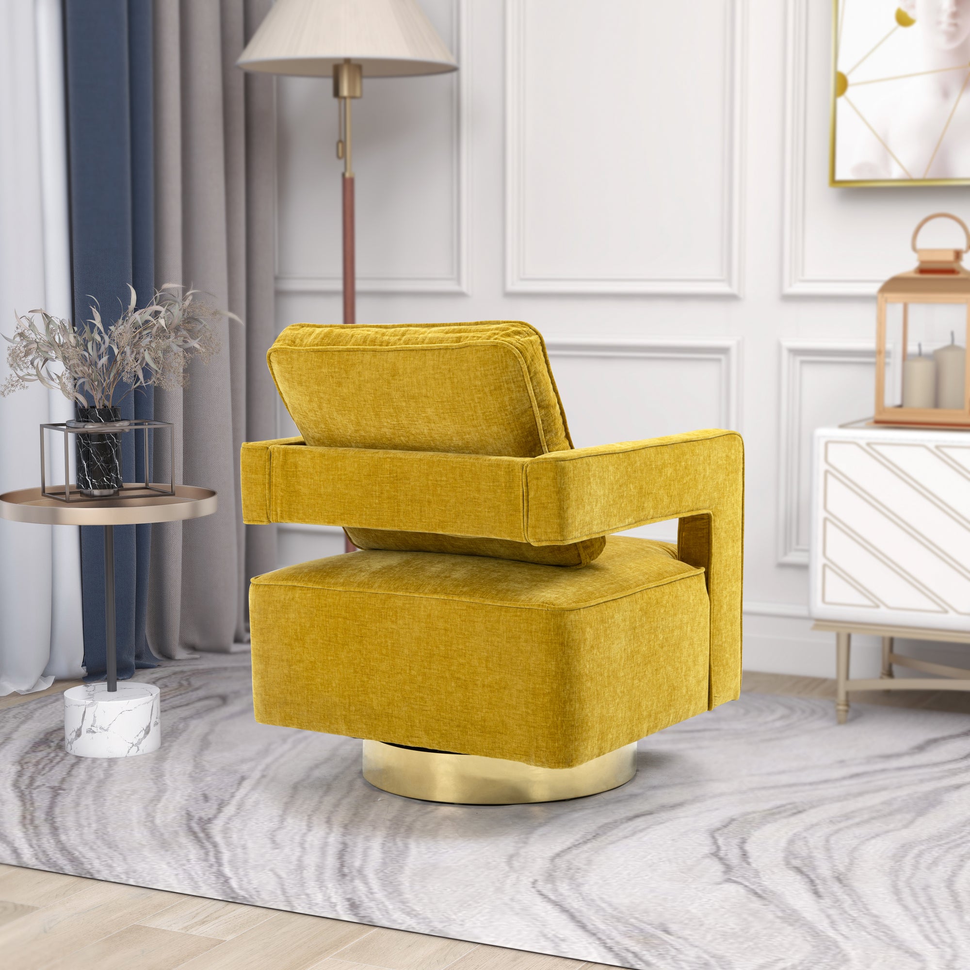 Open Back Mustard Chenille Swivel Accent Chair With Gold Stainless Steel Base