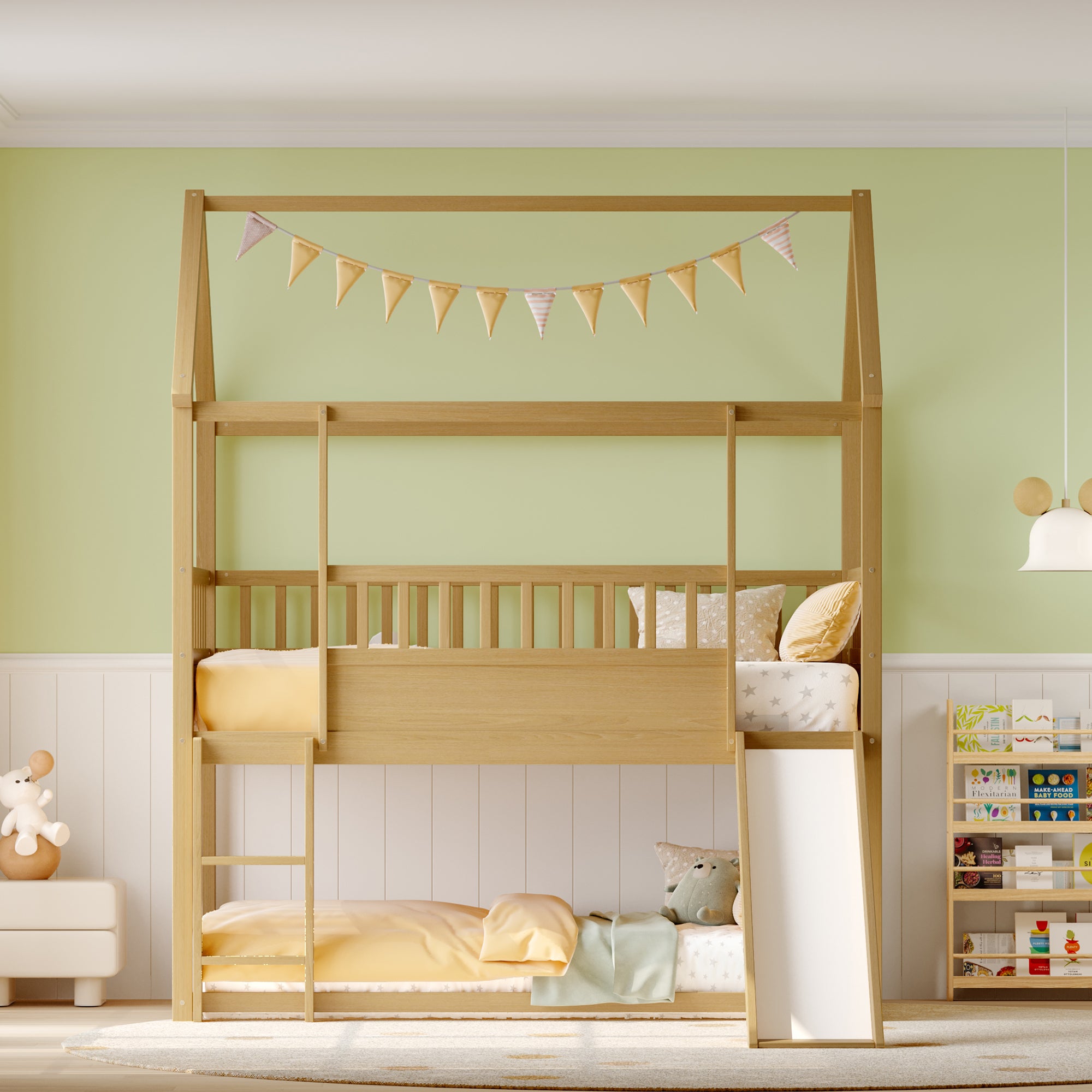 House Bunk Bed with Convertible Slide and Ladder Twin Over Twin Design with Safety Guardrail In Natural Wood