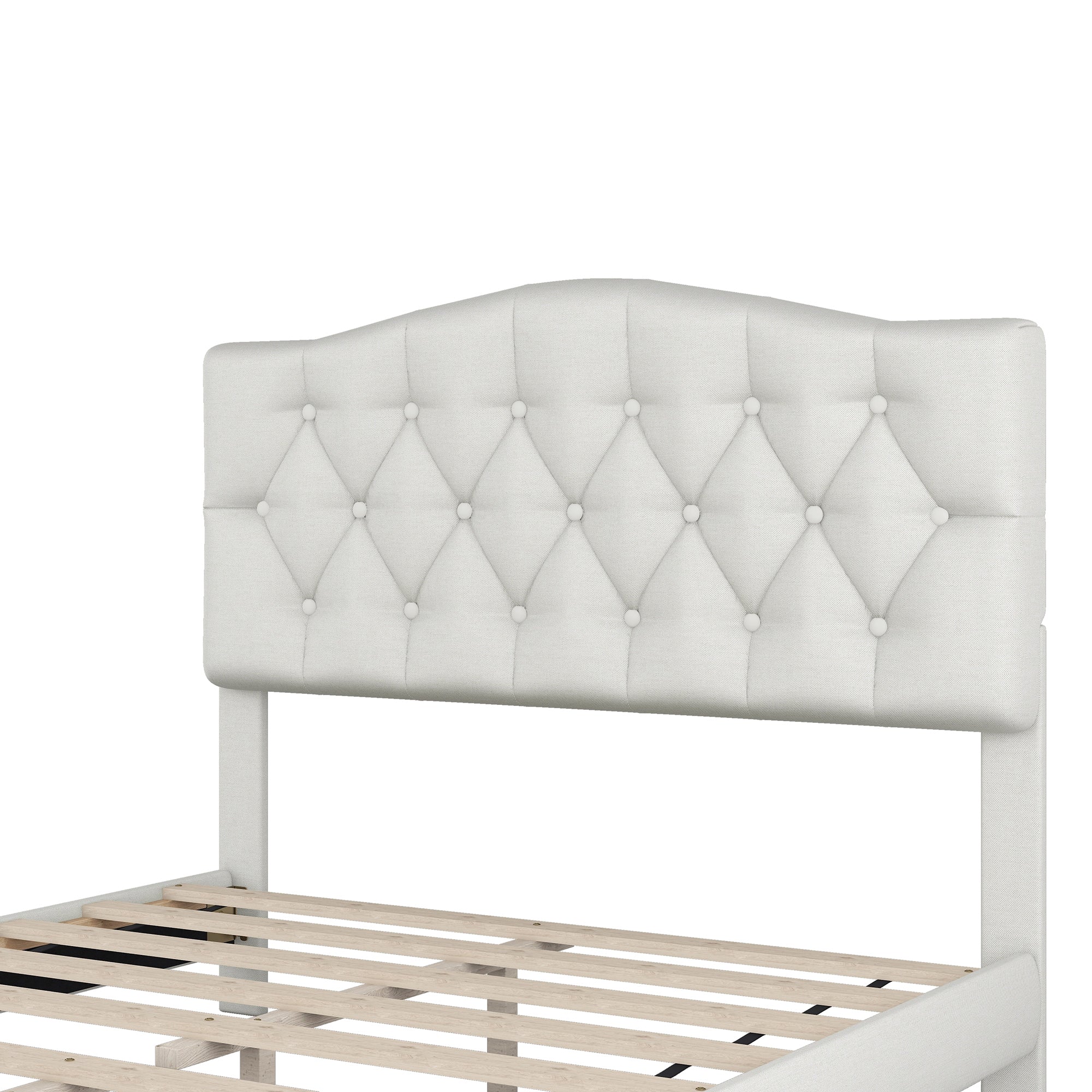 Upholstered Platform Bed with Saddle Curved Headboard and Diamond Tufted Details in Beige