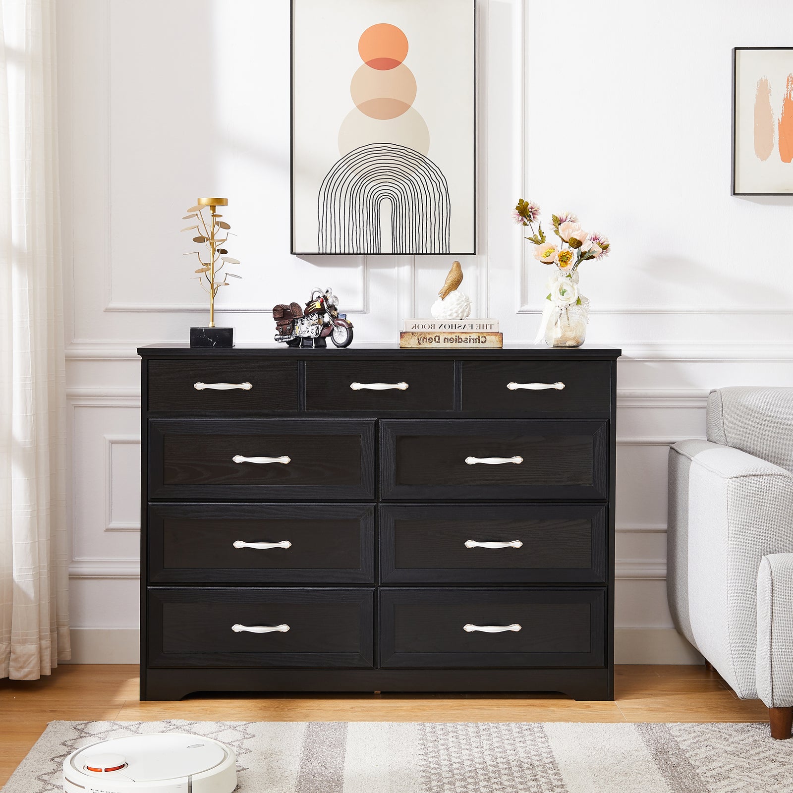 50" Black Finish Rustic Wooden 9 Drawer Dresser