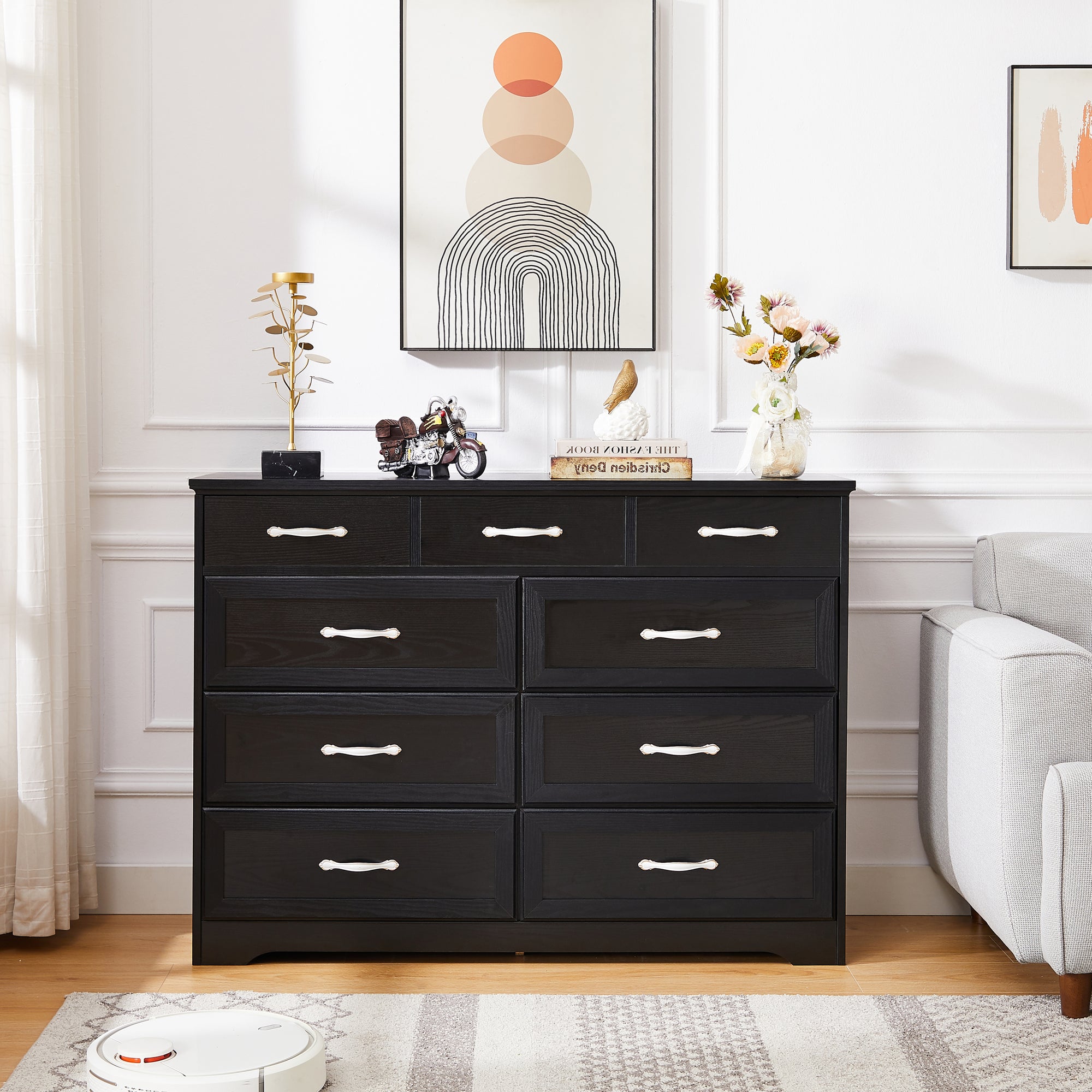50" Black Finish Rustic Wooden 9 Drawer Dresser
