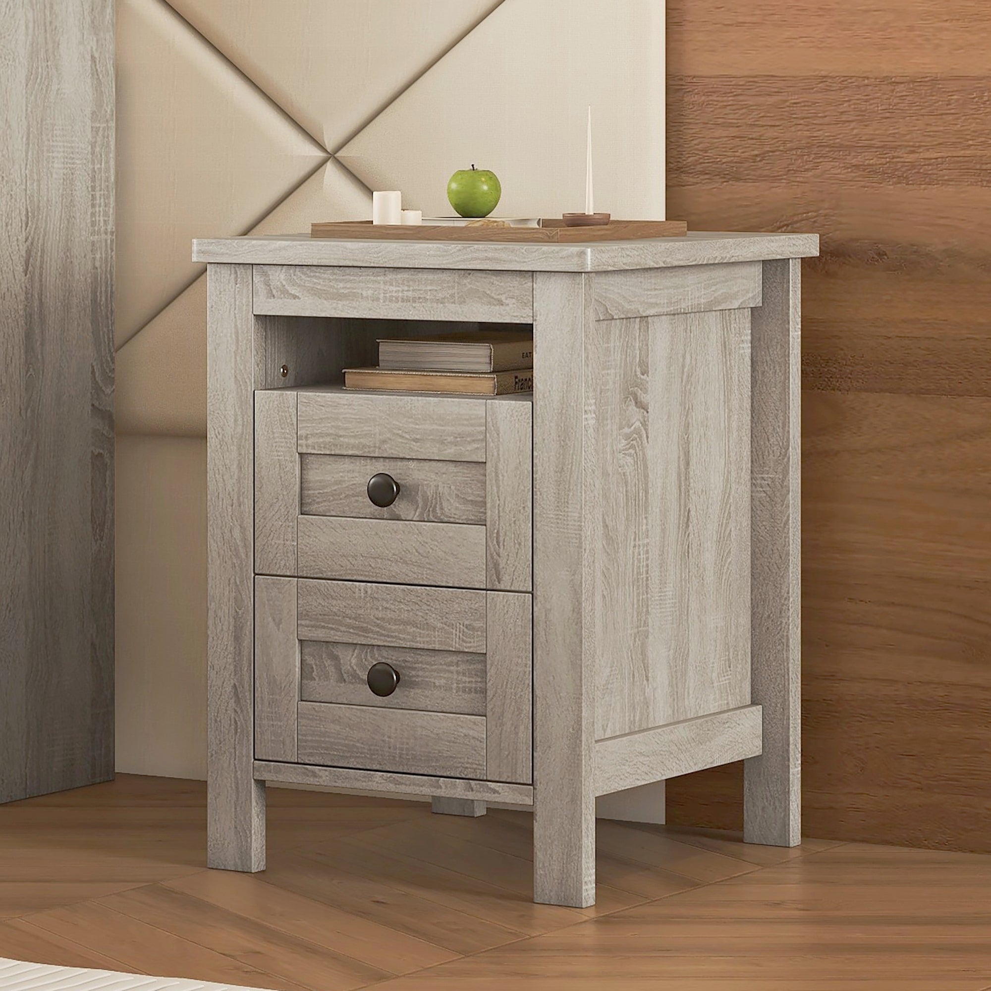 2-Drawer Farmhouse Wooden Nightstand with Storage Cabinet In Antique Gray