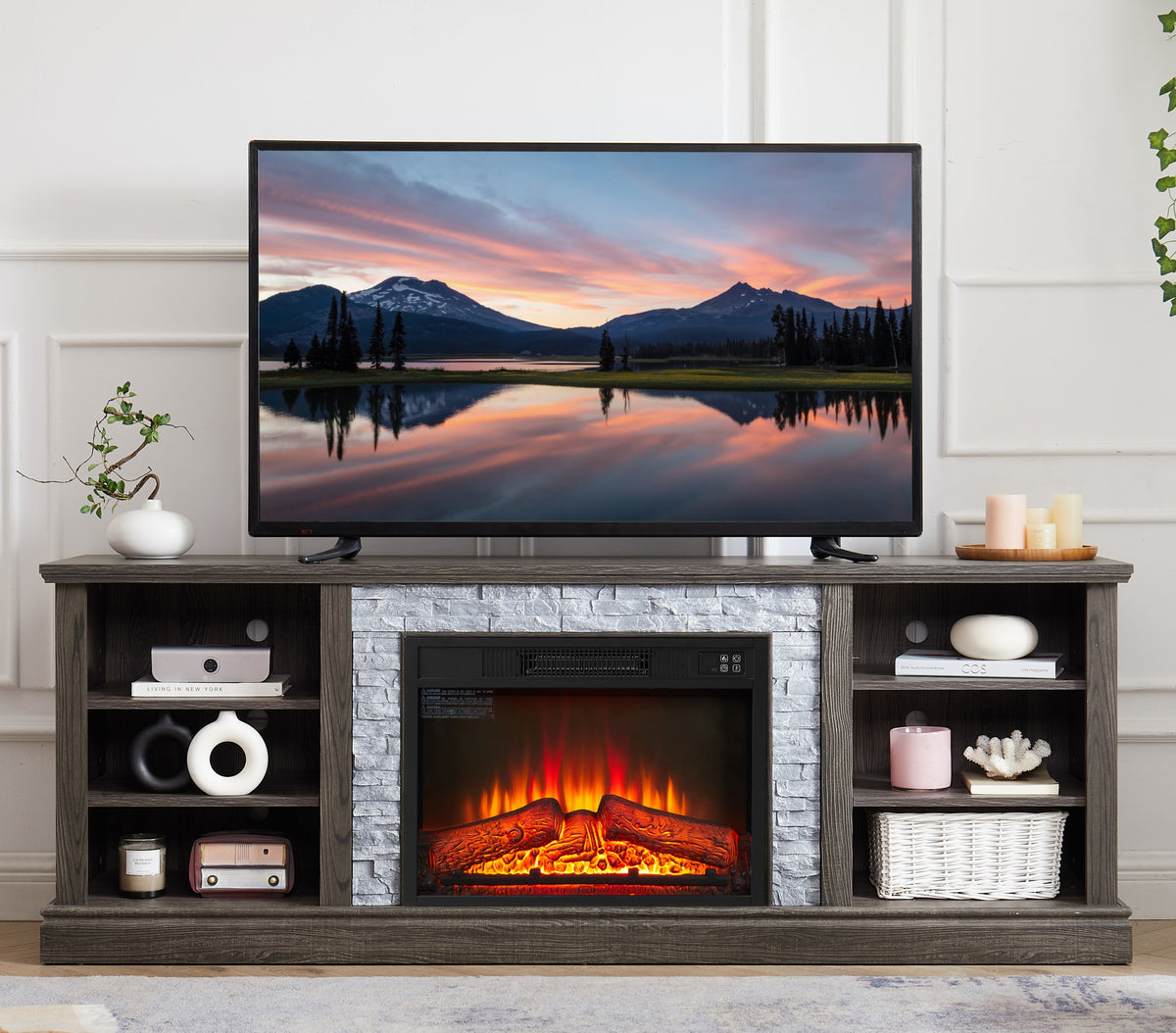 Large TV Desk Storage Rack with Faux Stone Surround Media Console Table with Fireplace Insert In Grey