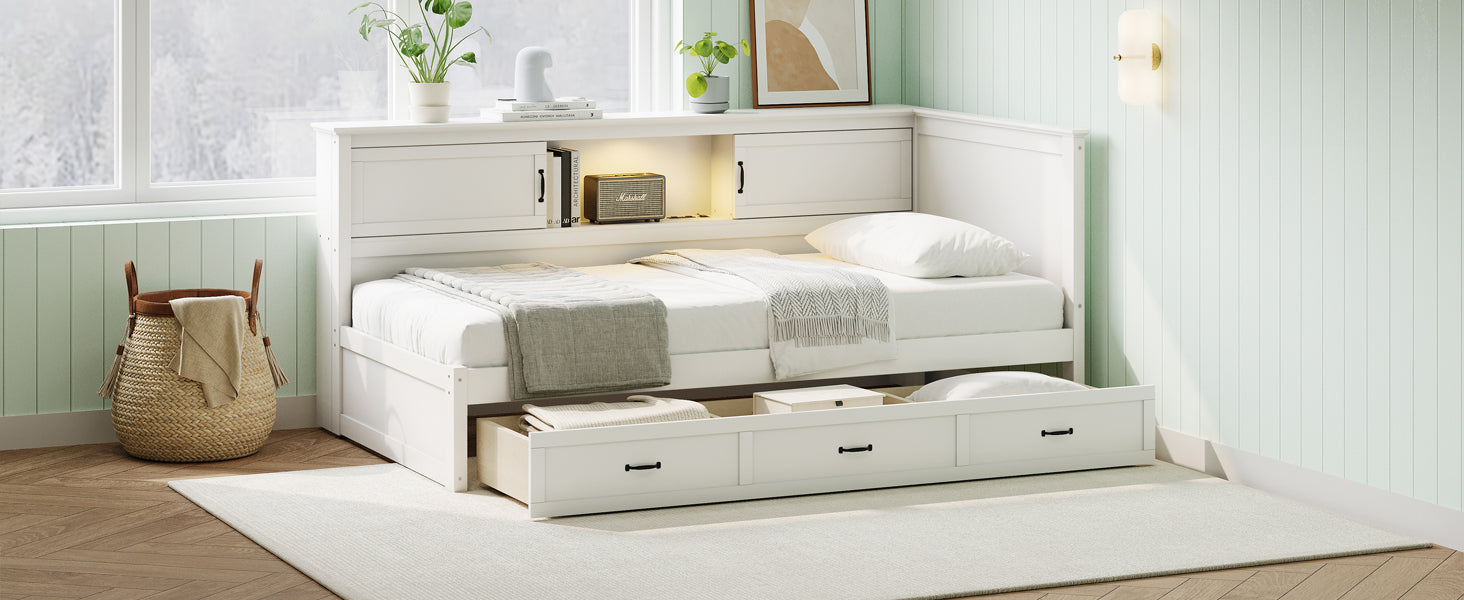 Full L-Shaped Daybed with Storage Cabinets, Drawers & Built-In Charging Station