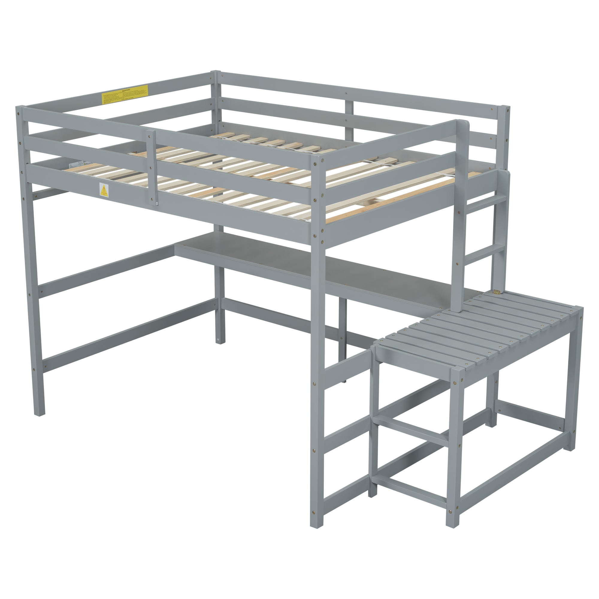 Gray Full Size High Loft Bed with Built-in Desk, Ladder Platform, and Guardrails