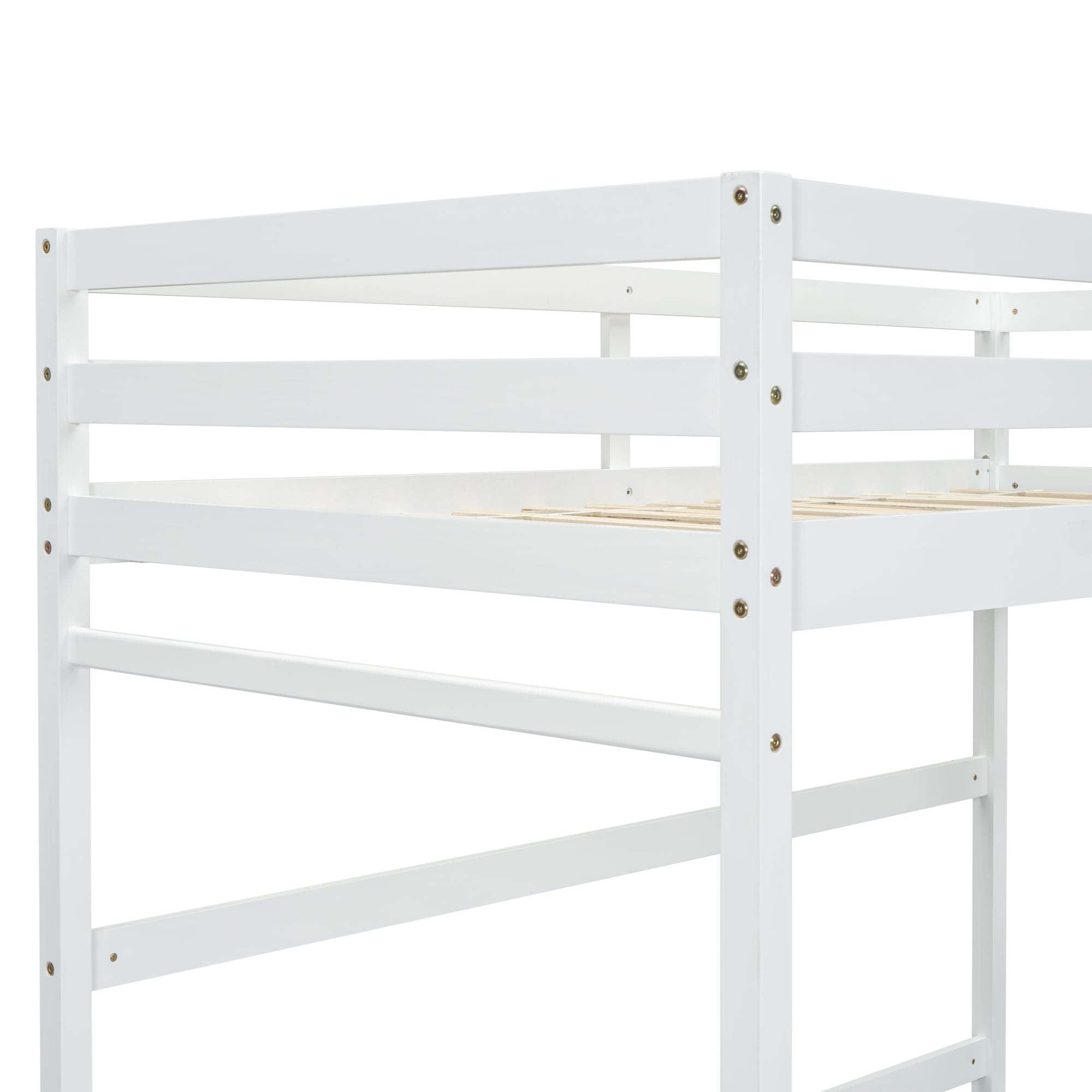 White Twin Size High Loft Bed with Inclined Ladder and Guardrails