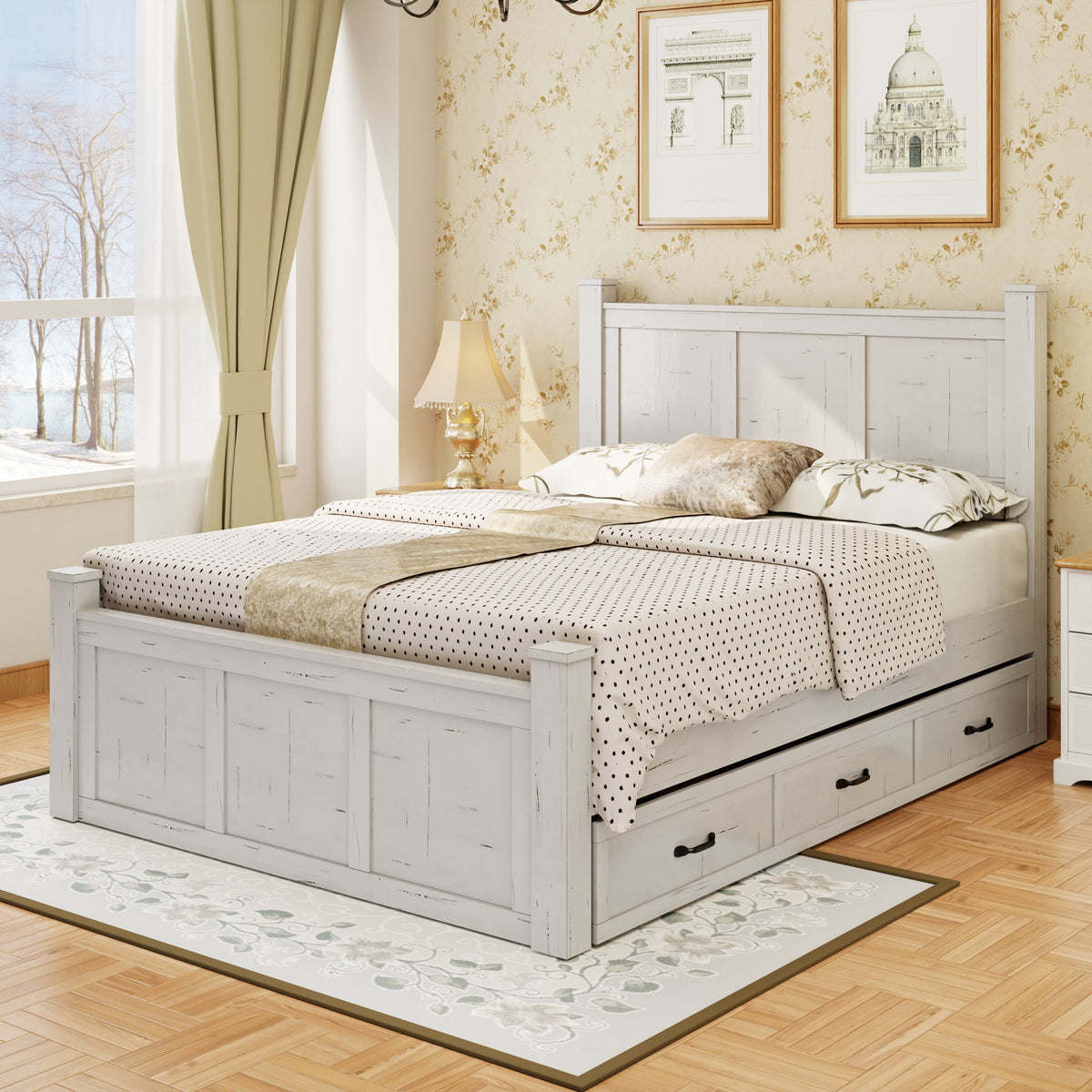 Ancient White Queen Size Farmhouse Bed Frame with Storage Drawers