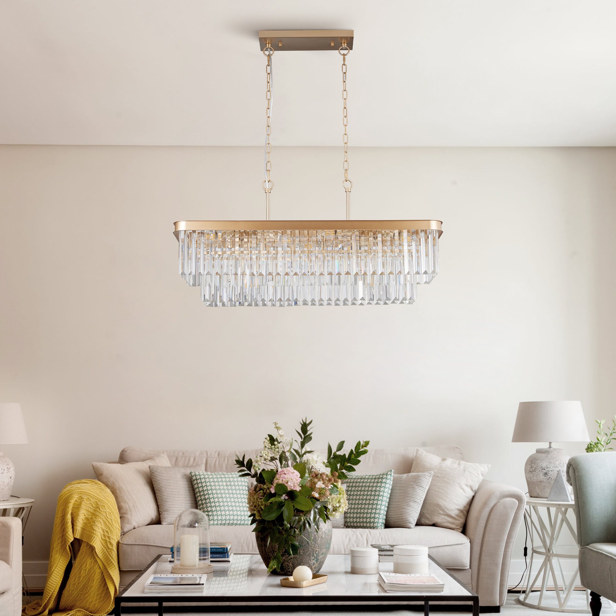 Rectangular Gold Crystal Chandelier