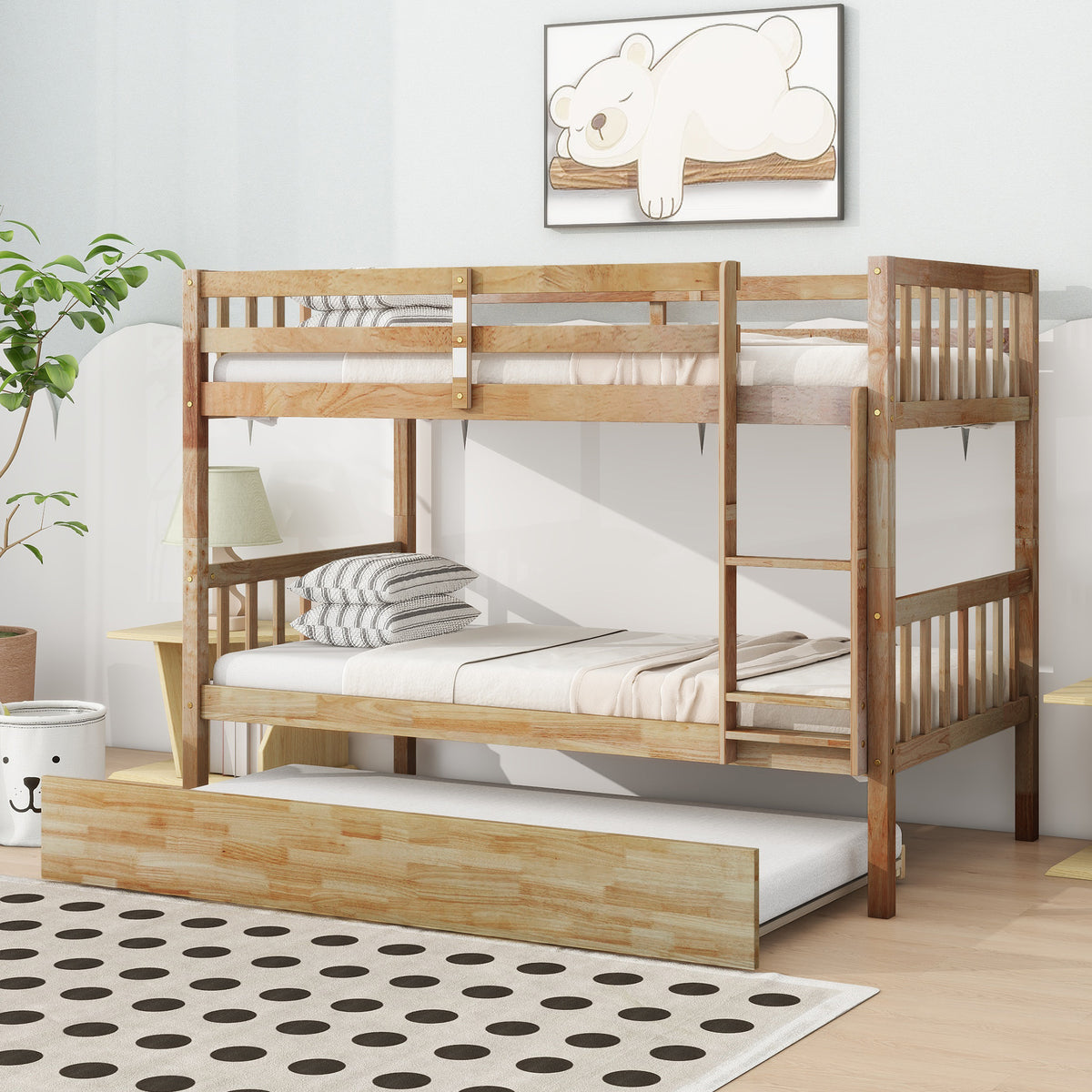 Twin Over Twin Rubberwood Bunk Bed with Trundle, Convertible Design in Natural Tones