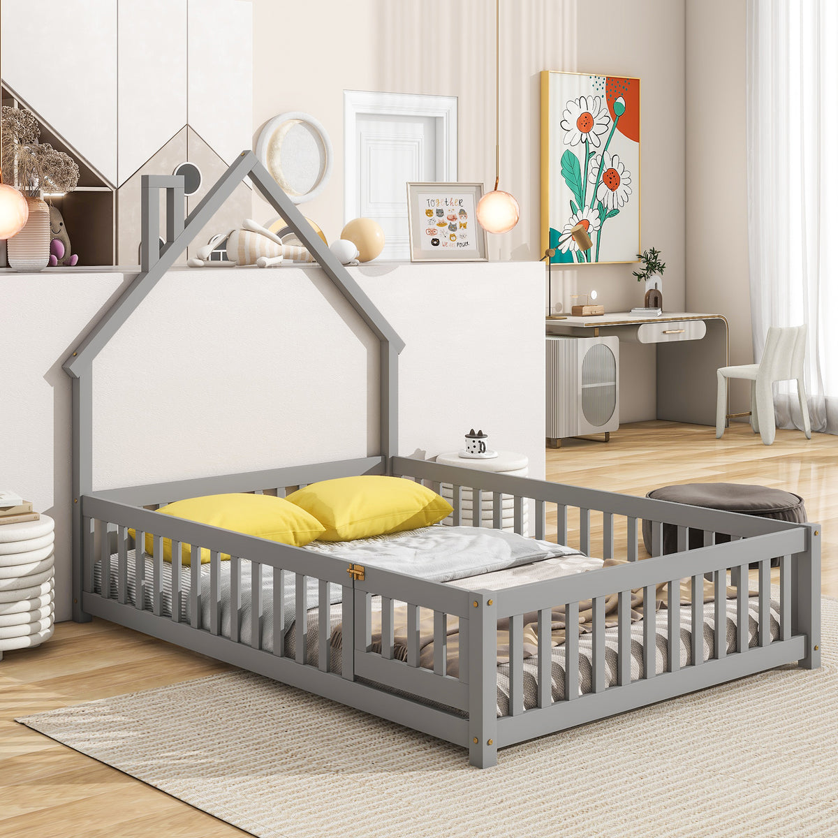 Gray Full House-Shaped Headboard Toddler Floor Bed with Fence