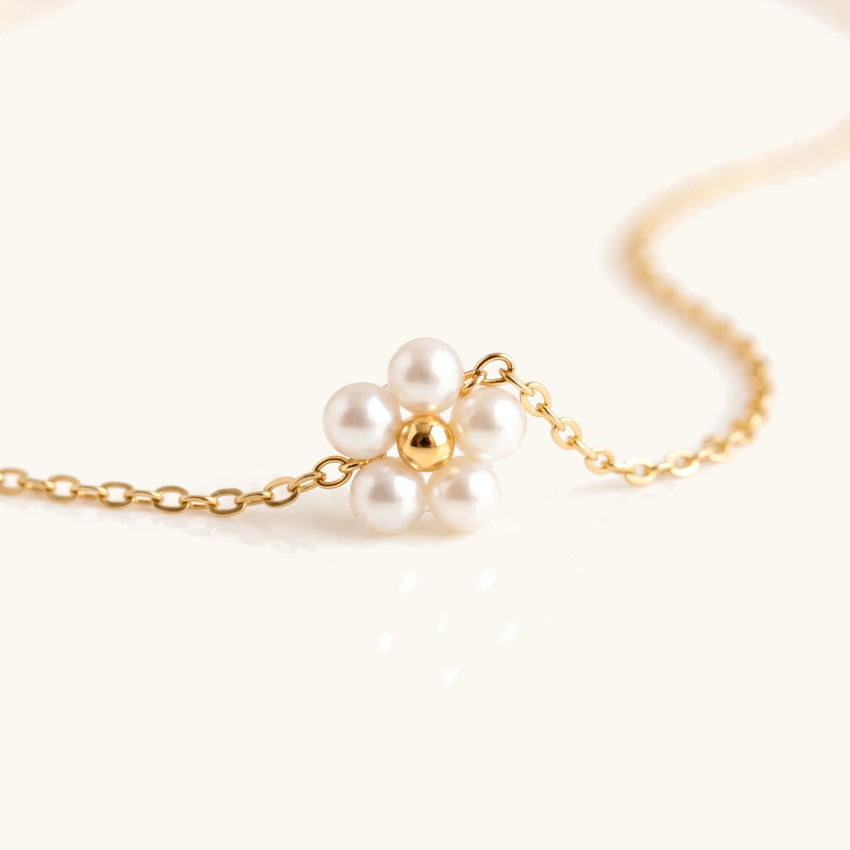 Timeless Gold Pearl Daisy Flower Necklace, close-up of a pearl daisy