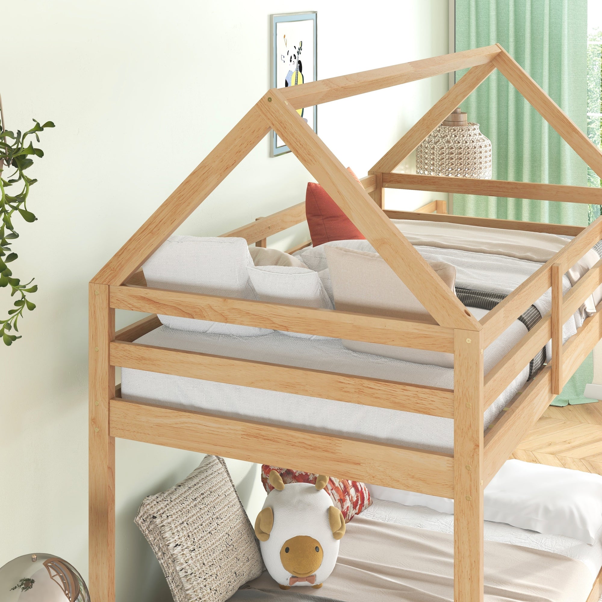 White Oak Twin Over Twin Rubber Wood House-Shaped Bunk Bed with Ladder & Guardrails