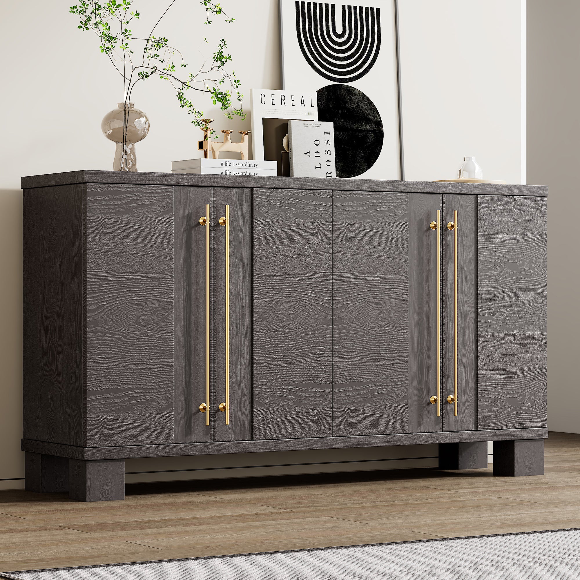 Wood Buffet Cabinet with Adjustable Shelves and Gold Handles for Kitchen Dining Room Living Room In Taupe