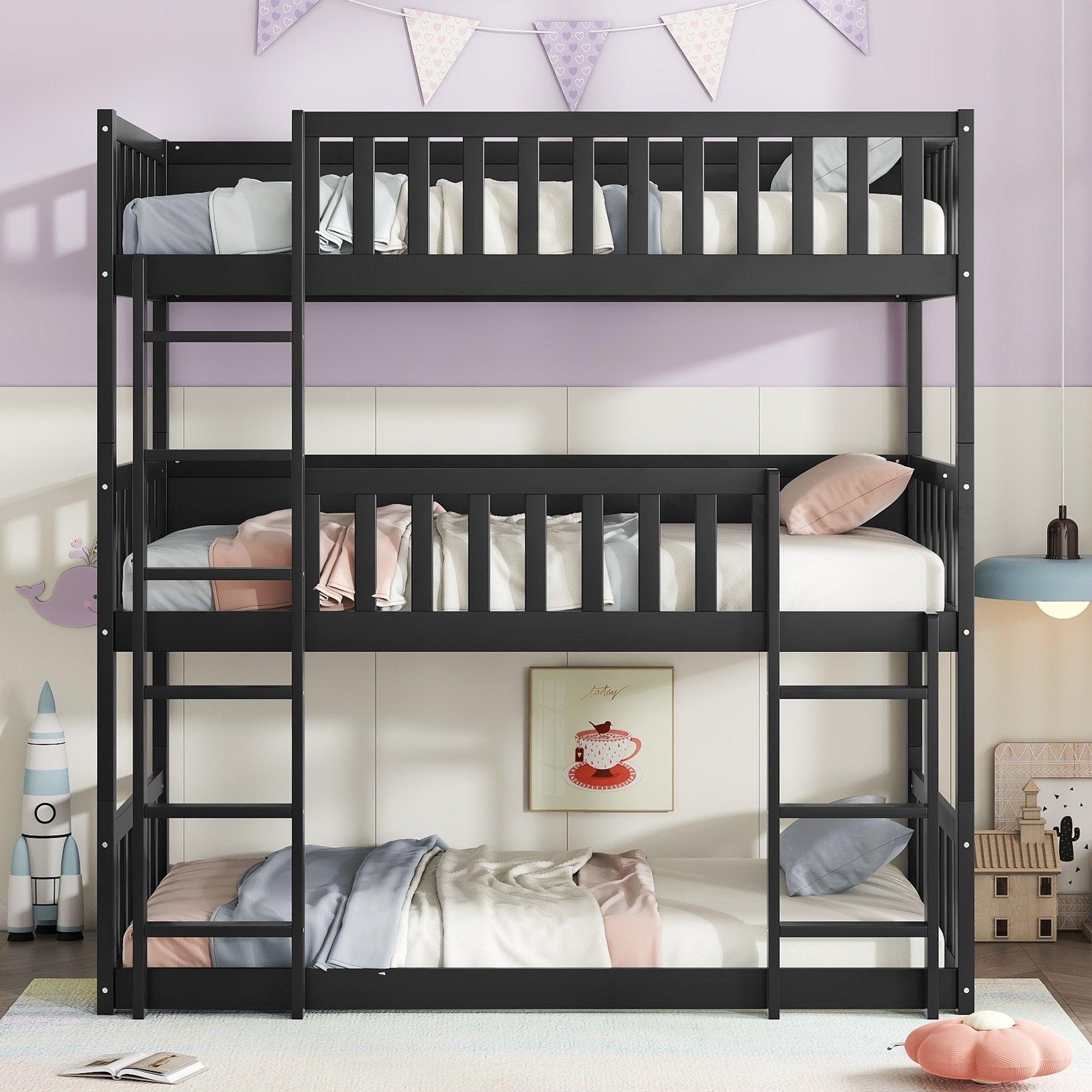 Black Twin Size Triple Rubber Wood Bunk Bed with Ladders and Detachable Design