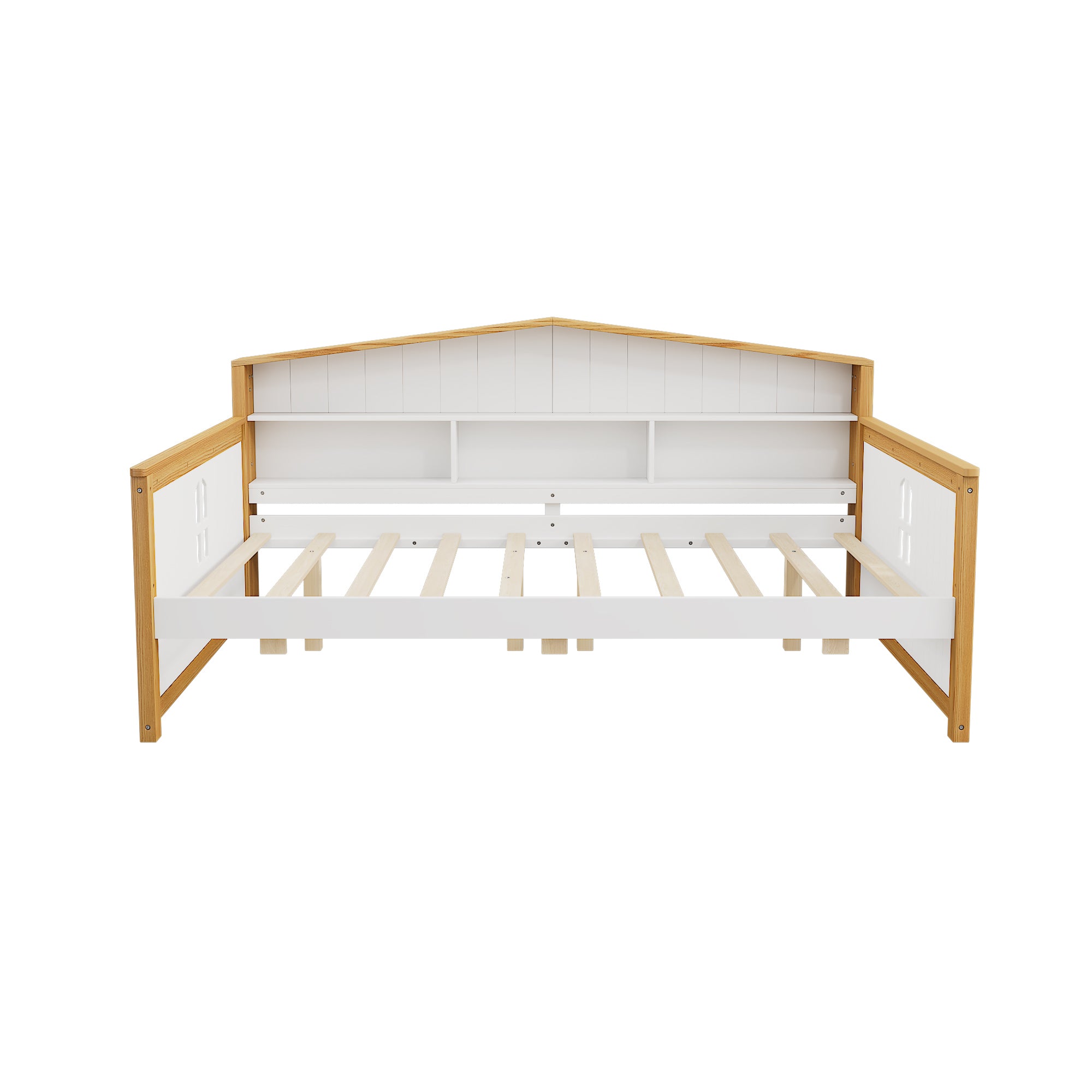 Full Size Safety Bed Frame with Trundle and Integrated Bookcase Headboard