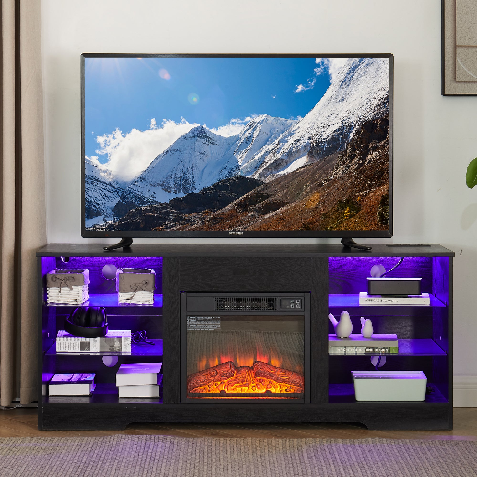 Modern TV Stand Electric Fireplace with Glass Shelves and USB Charging Two-in-One Design for TVs up to 62 Inches In Black