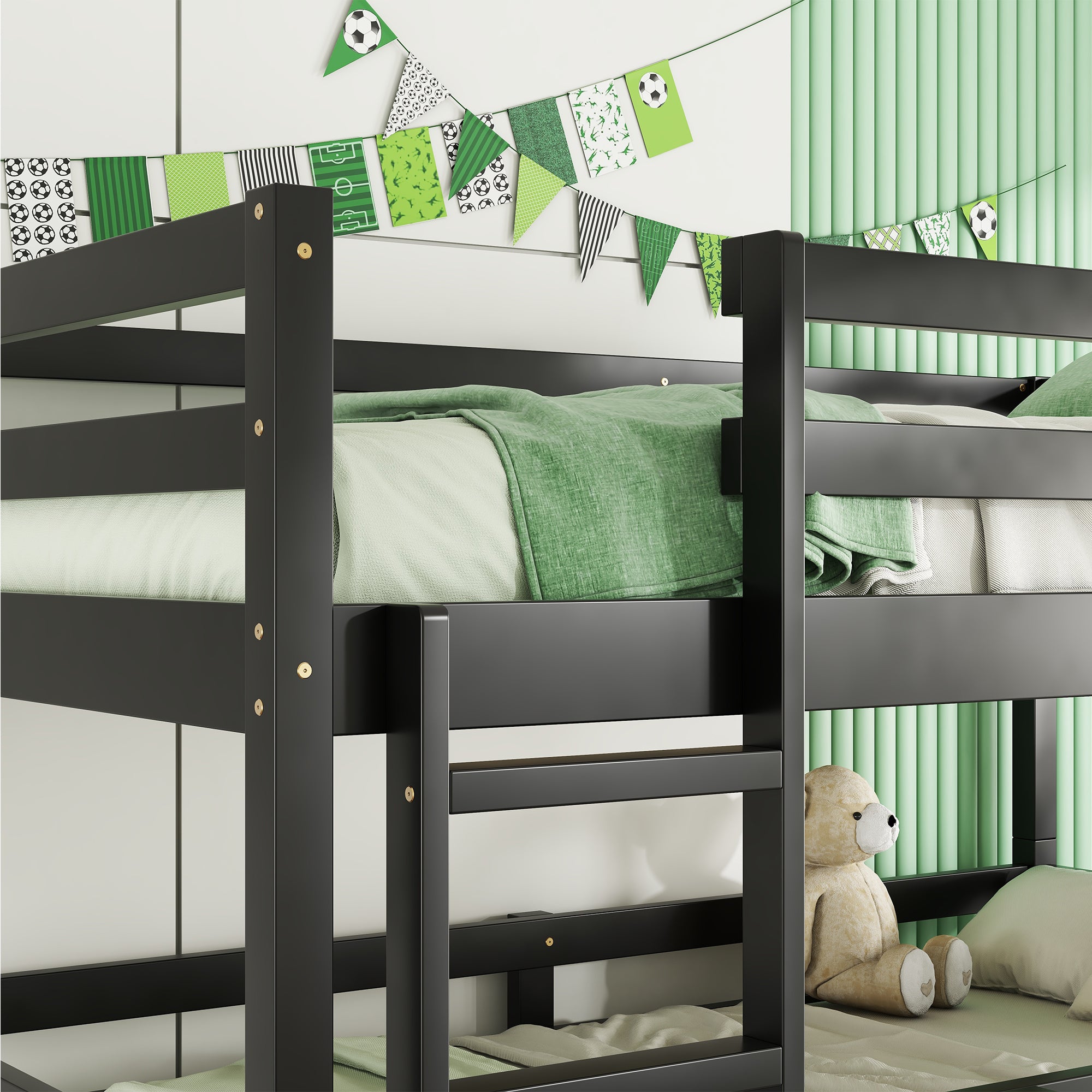 Black Triple Rubber Wood Bunk Bed with Built-In Ladders and Guardrails