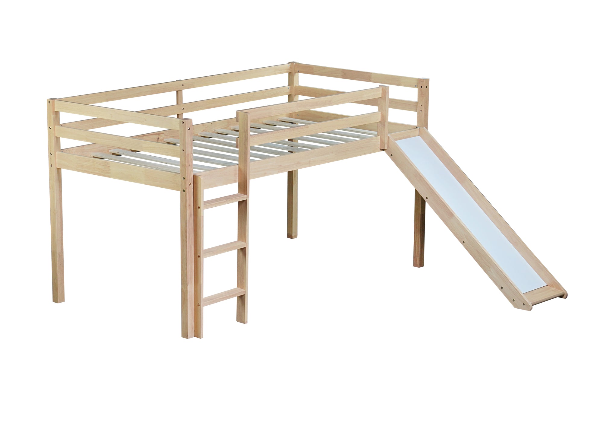 White Oak Twin Low Loft Bed with Slide and Ladder