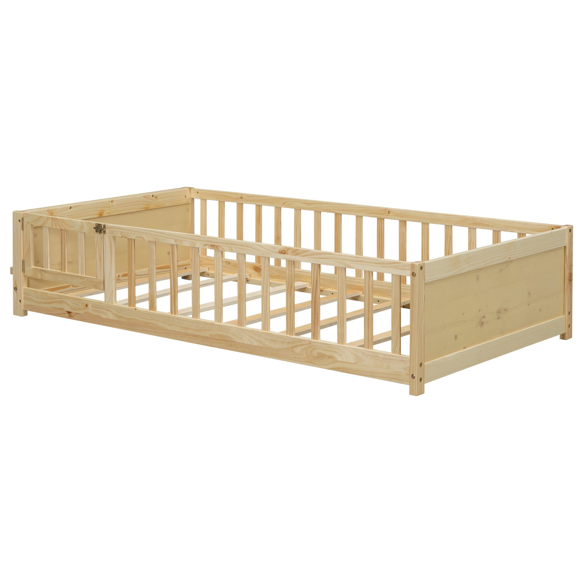 Natural Finish Twin Size Toddler Floor Platform Bed with Built-in Book Storage Rack and Door