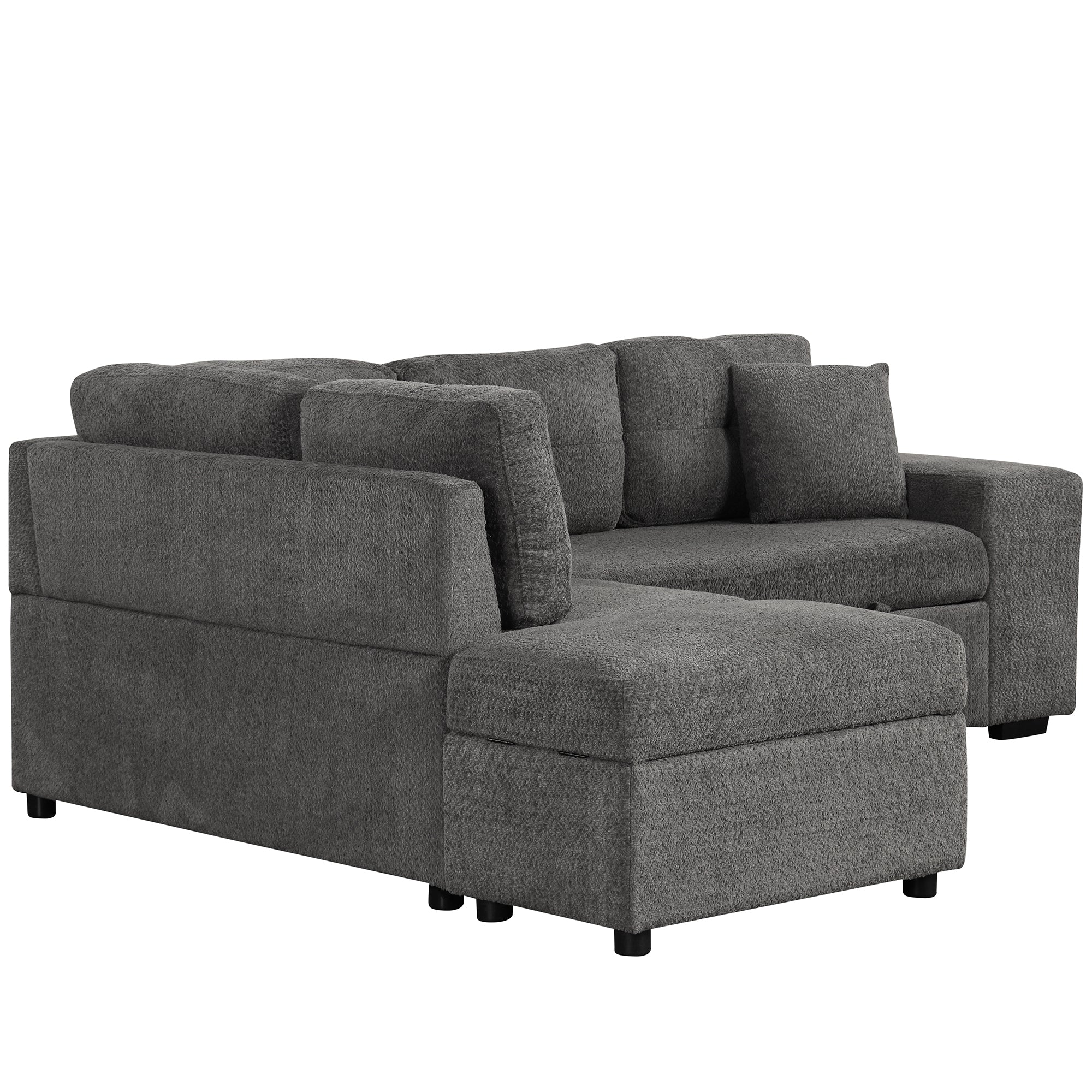 Dark Gray Chenille Pull-Out Sofa Bed with Storage Ottomans and Wireless Charger