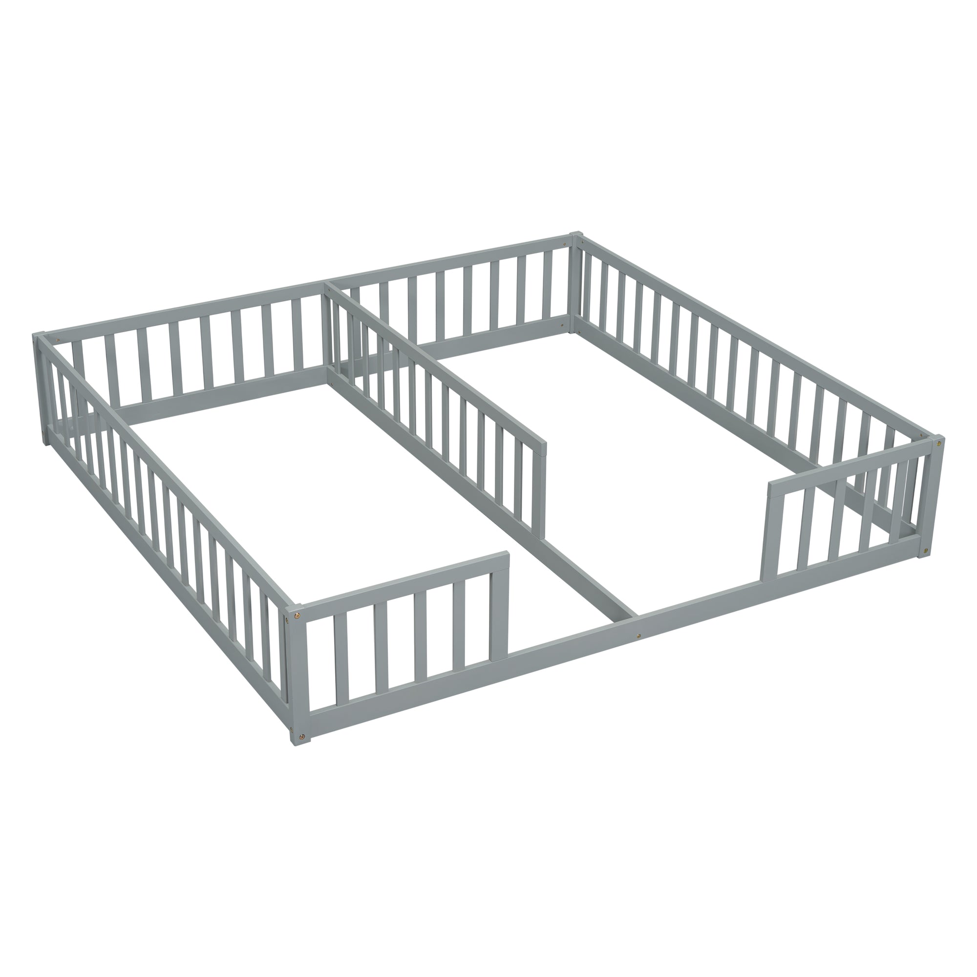 Gray Double Twin Toddler Floor Bed with Fence and Guardrails