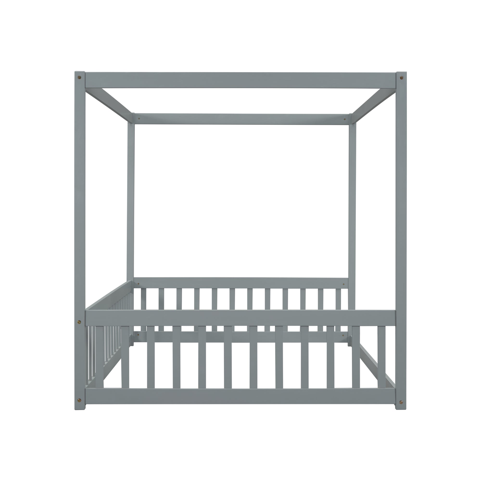 Full Size Canopy Frame Floor Bed with Fence and Guardrails in Gray