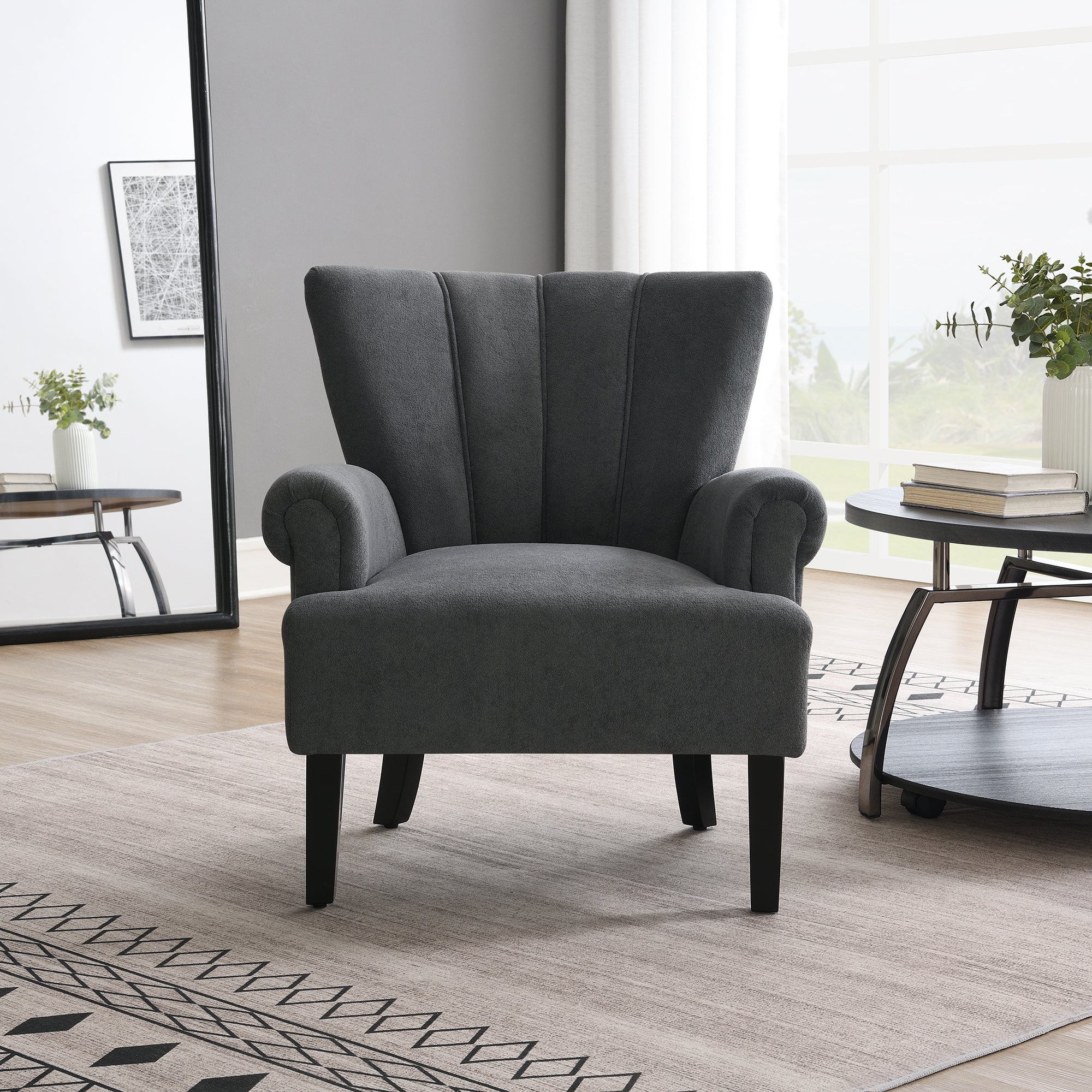 Modern Accent Living Room Chairs - Dark Grey Polyester Armchair Club Chair with Channel Back, Soft Fabric, Wooden Legs