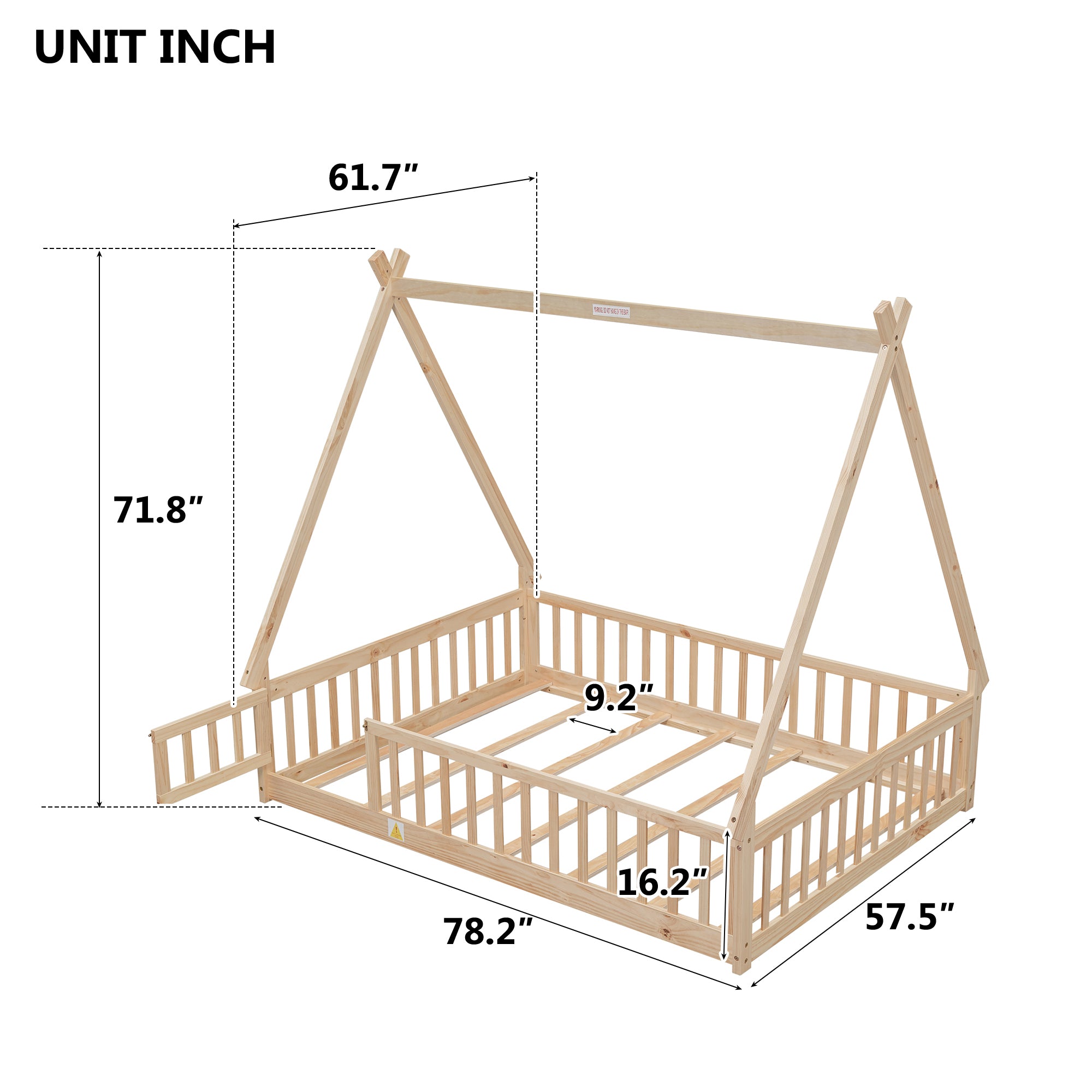 Full Tent-Shaped Floor Bed with Guardrails and Slats