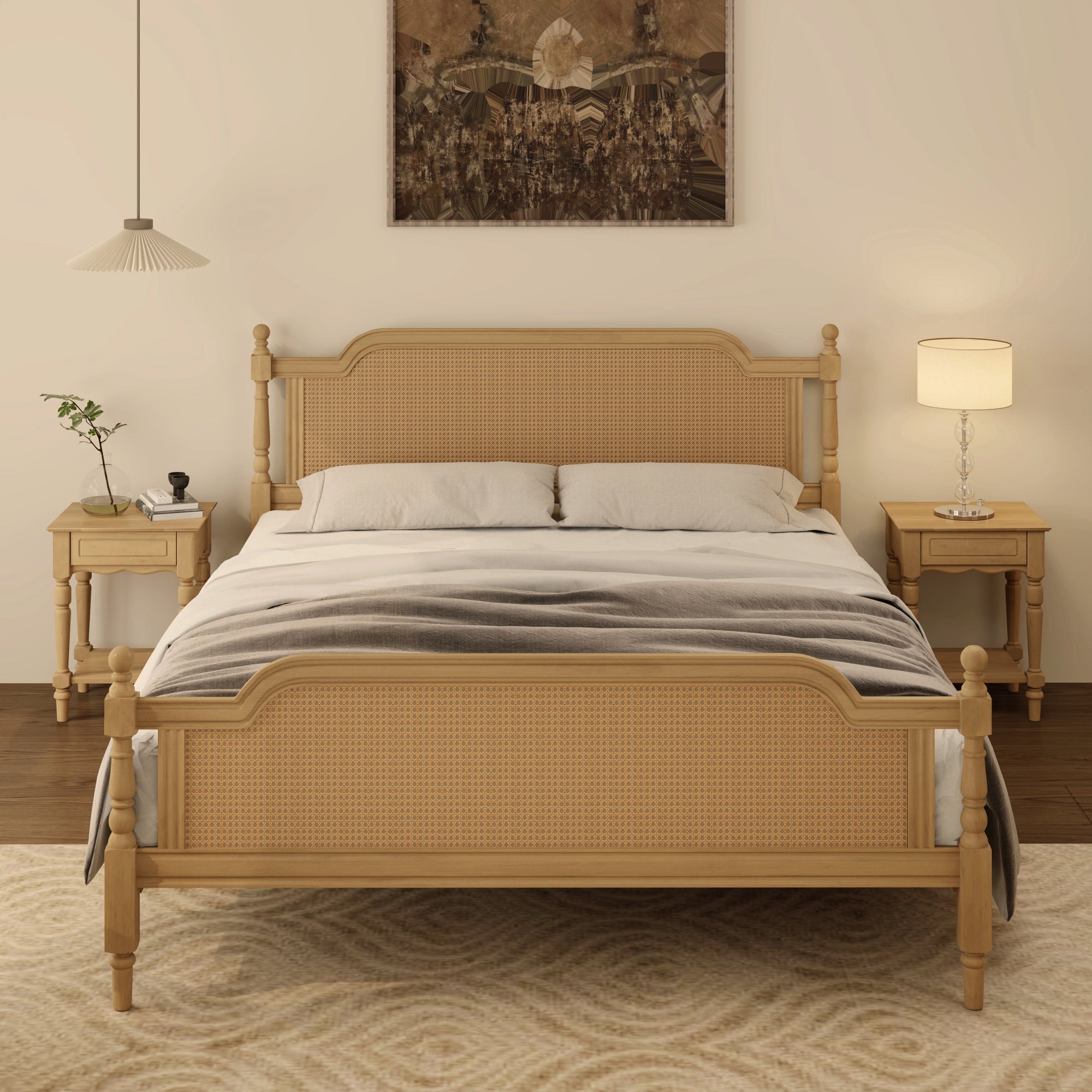 Walnut Toned King Rattan Bed Frame with Elegant Rattan Headboard