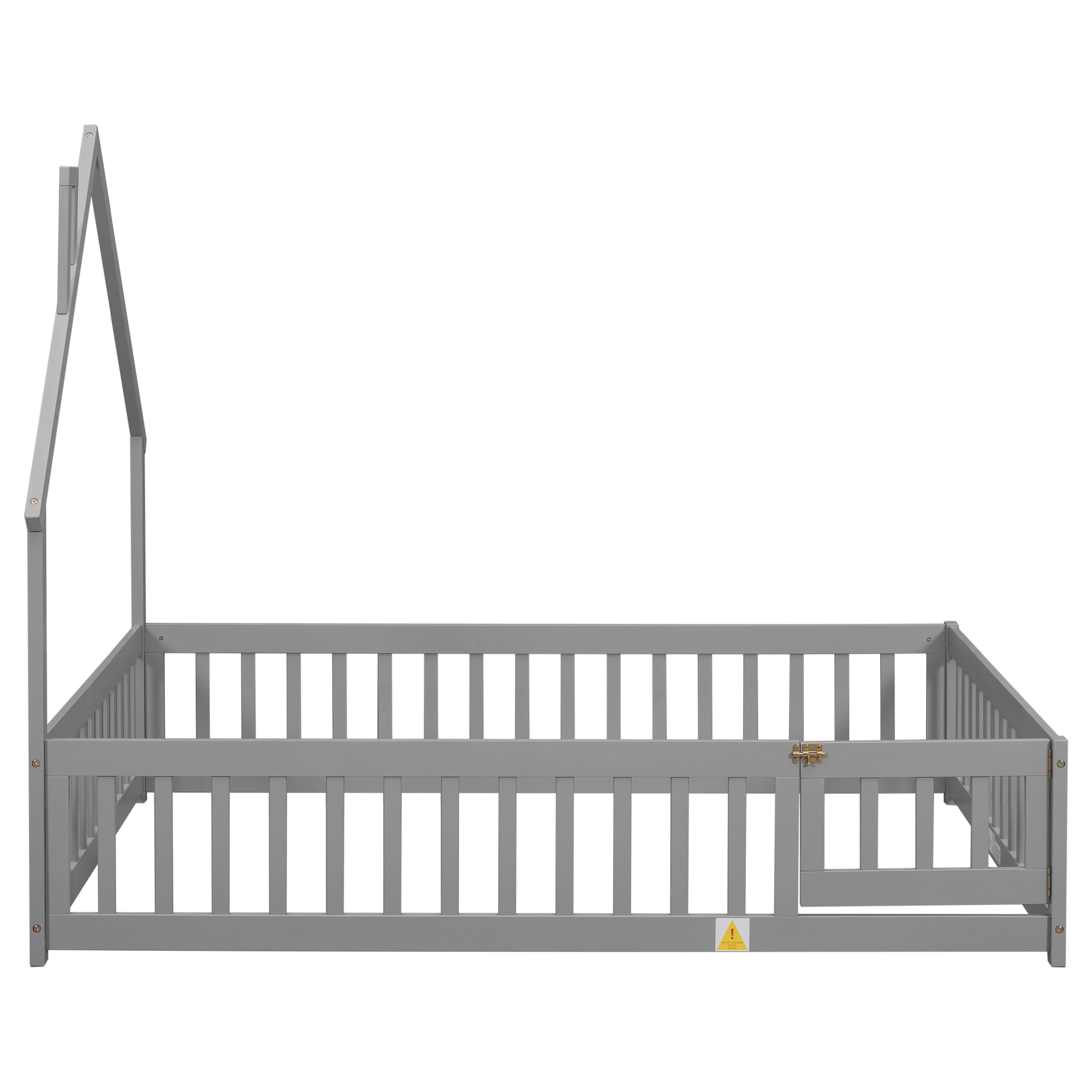 Gray Full House-Shaped Headboard Toddler Floor Bed with Fence