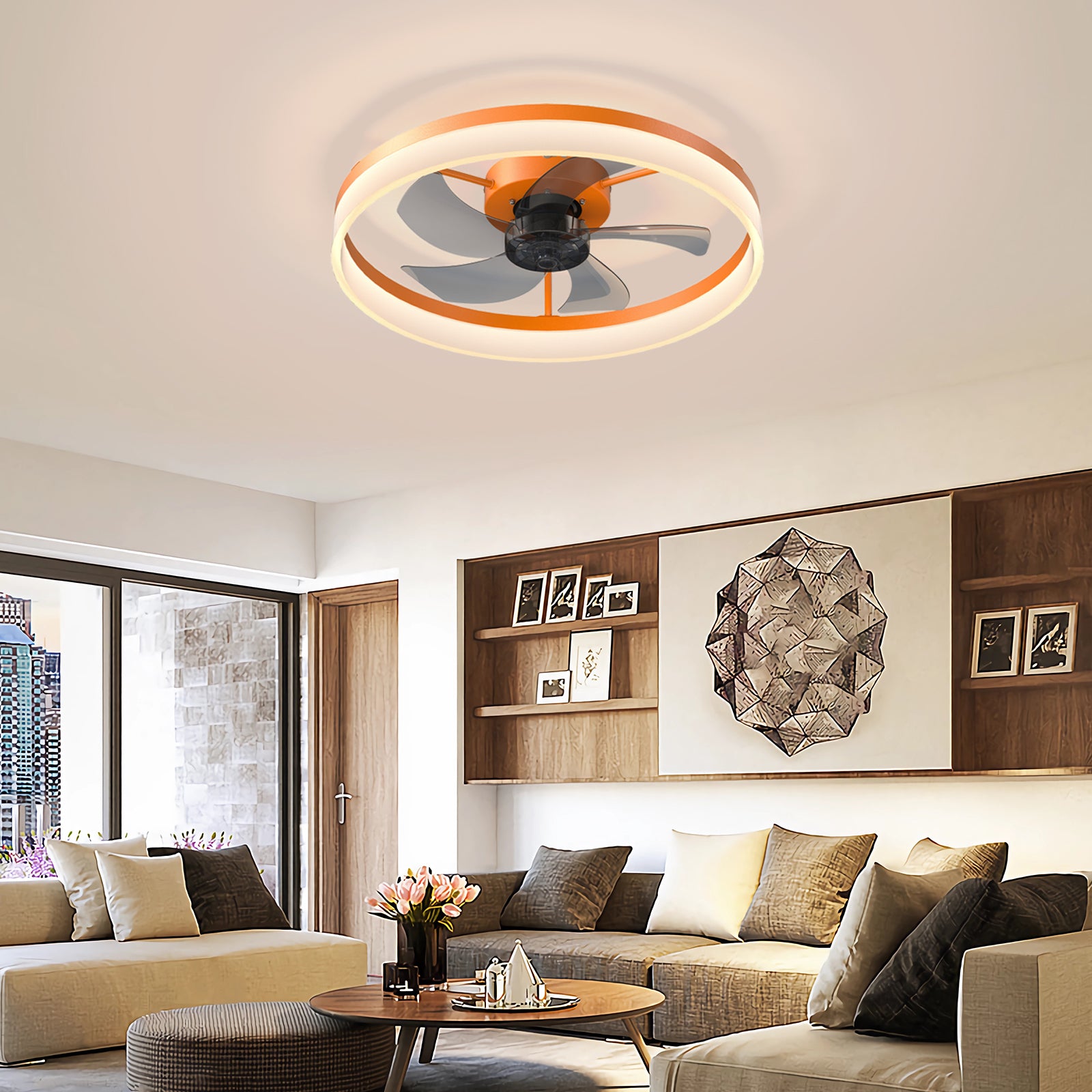 Sleek Orange Ceiling Fan with Dimmable LED Light