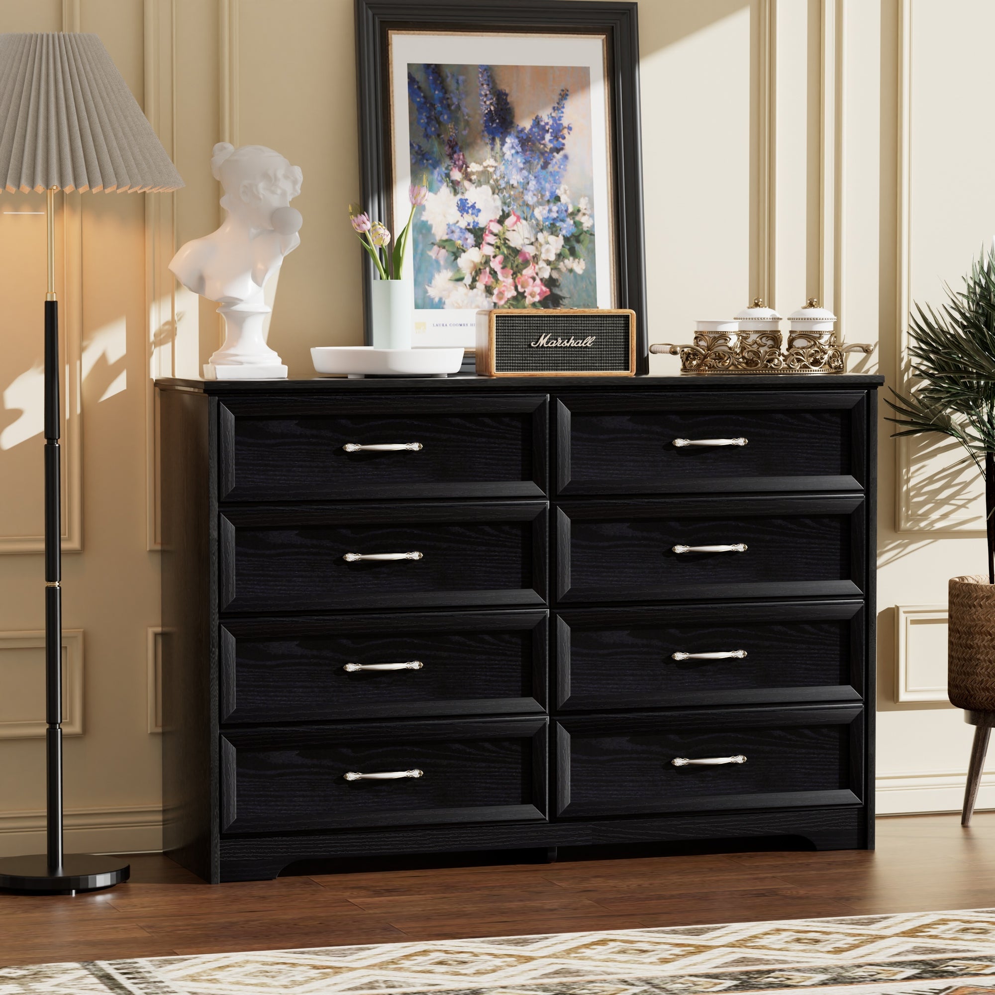 Modern 3 Drawer Bedroom Chest with 8 Drawers Dresser Clothes Organizer with Metal Pulls In Black