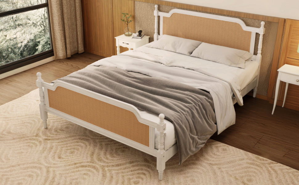 Queen Size Rattan Bed Frame in Antique White