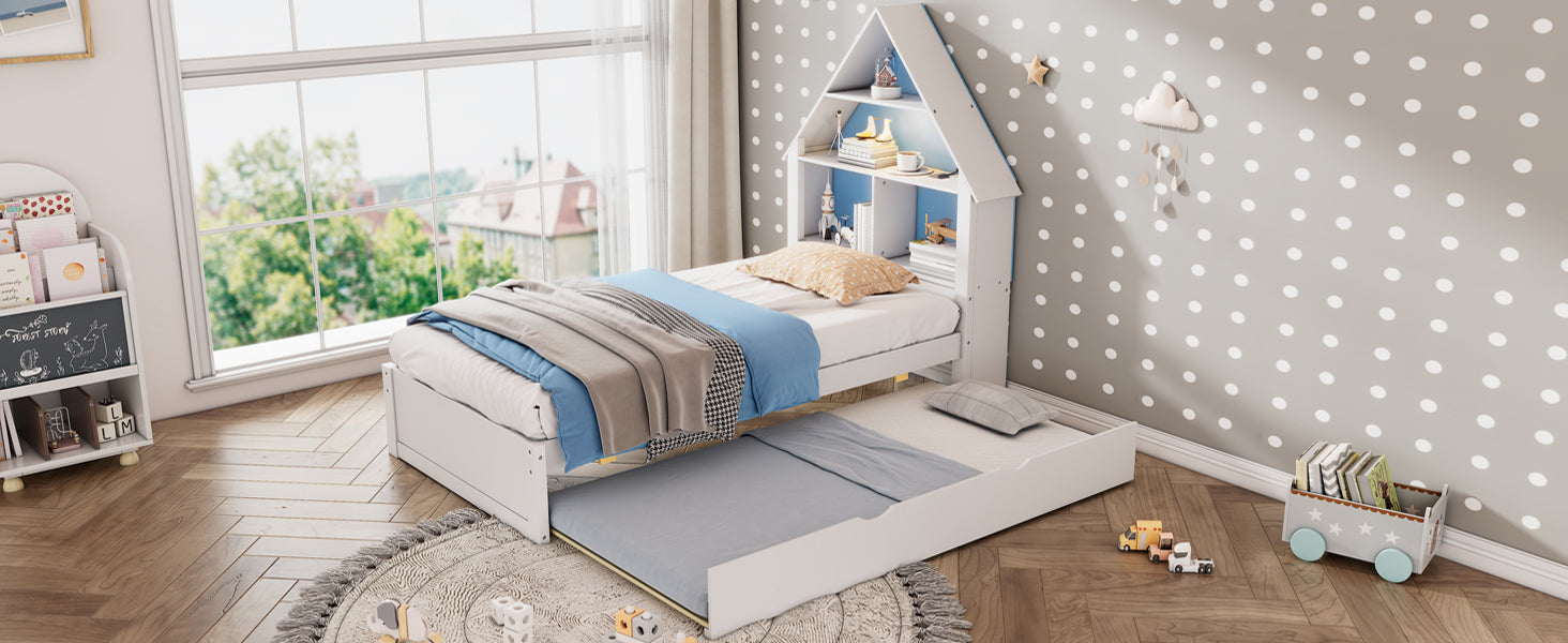 White & Blue Twin Size Bed with Bookcase, Trundle, and Motion-Activated Nightlight