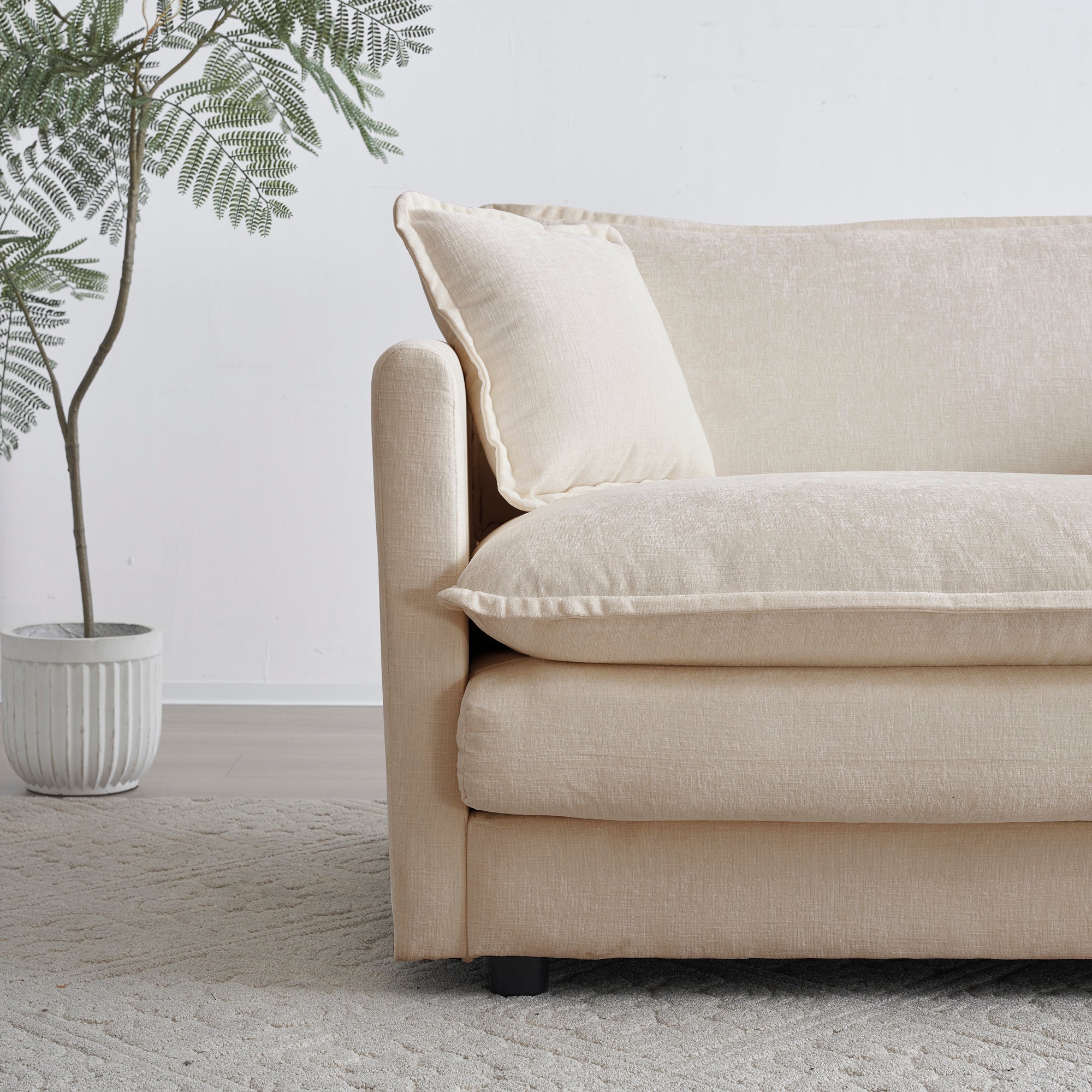 Comfy Beige Chenille Upholstered Deep Single Seat Sofa Armchair with Toss Pillow