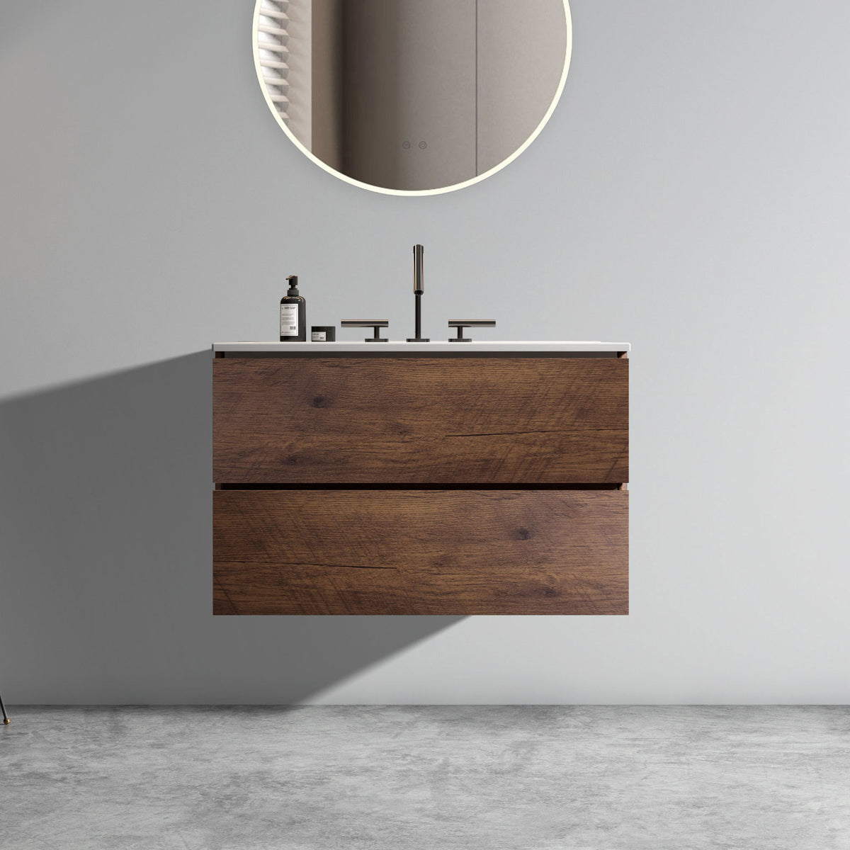 Wall Mount 30&#39; Walnut Bathroom Vanity with Ceramic Sink Large Storage Floating Vanity for Modern Bathroom In Walnut