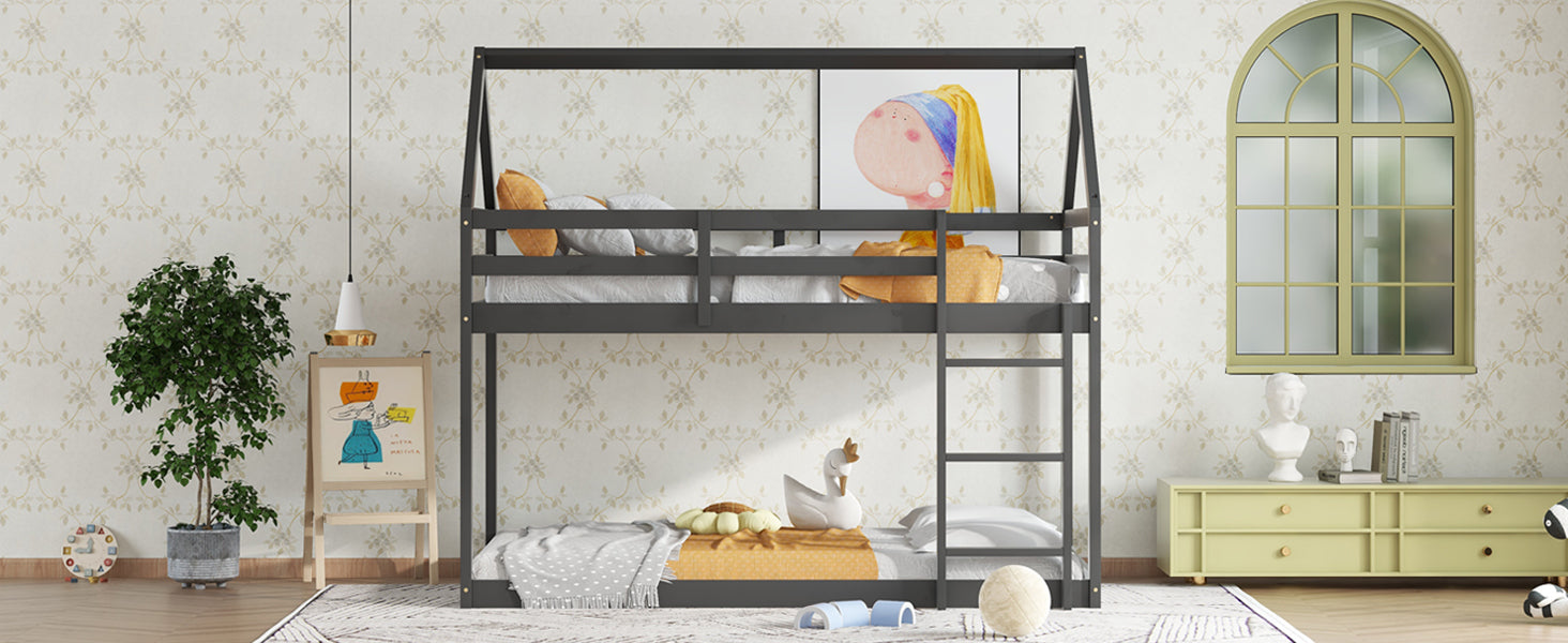 Black Twin Over Twin Rubber Wood Floor Bunk Bed