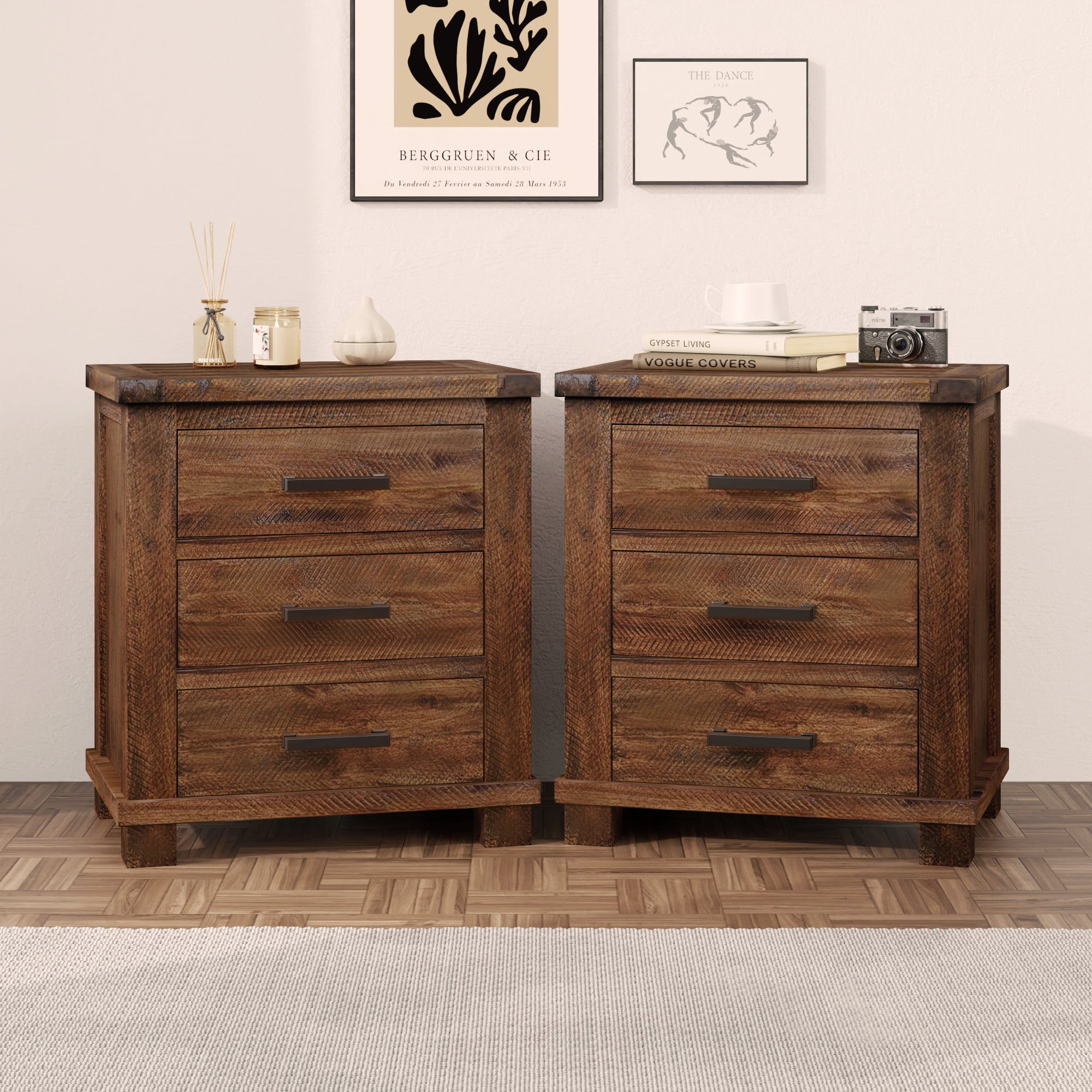 Rustic Three Drawer Reclaimed Solid Wood Farmhouse Nightstand Set of Two In Natural