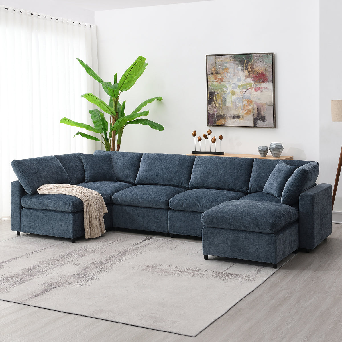 130&quot; Modern Modular Cloud Sofa Bed Chenille Sectional Couch Set with Ottoman Free Combination Convertible U Shaped Sleeper Sofa In Dark Blue