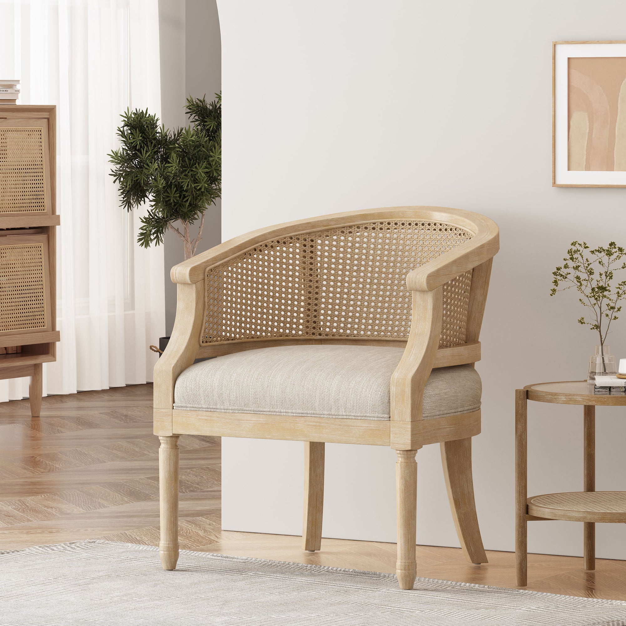 Beige and Natural French Country Accent Chair with Cane Webbing