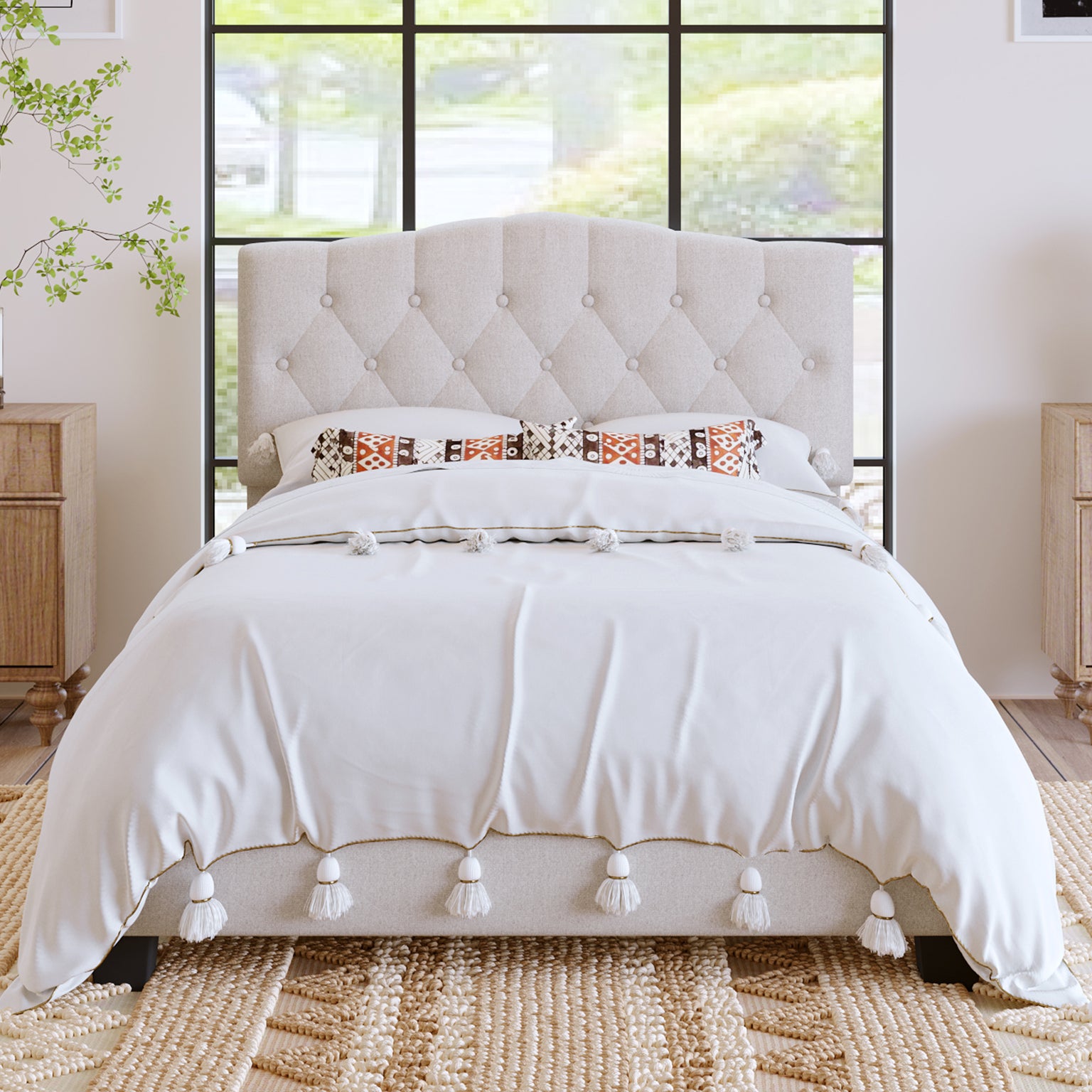 Upholstered Platform Bed with Saddle Curved Headboard and Diamond Tufted Details in Beige