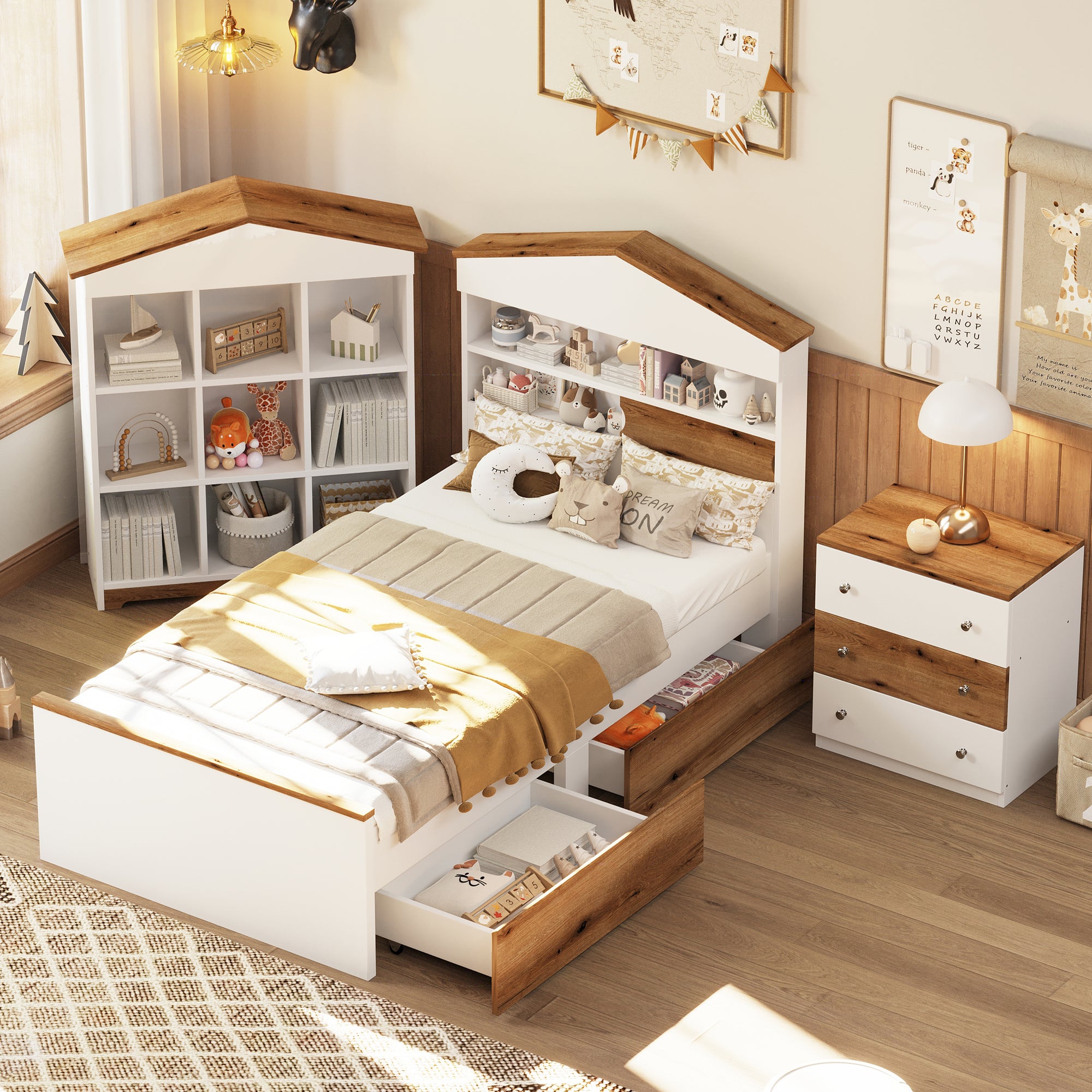 3-Pieces Bedroom Sets Twin Size House-Shaped Wooden Bed with Storage Drawers and Colorblock Nightstand In Brown and White