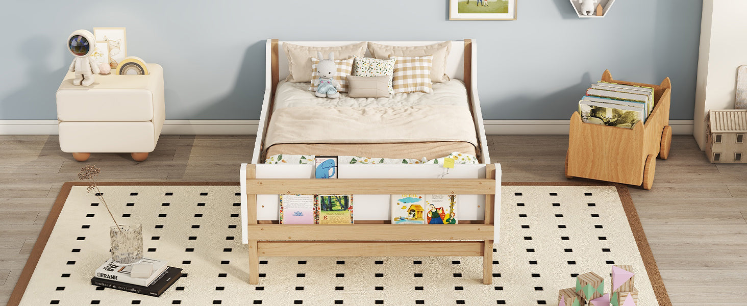 Twin Bed with Headboard, Footboard, Side Safeguards & Built-in Book Storage