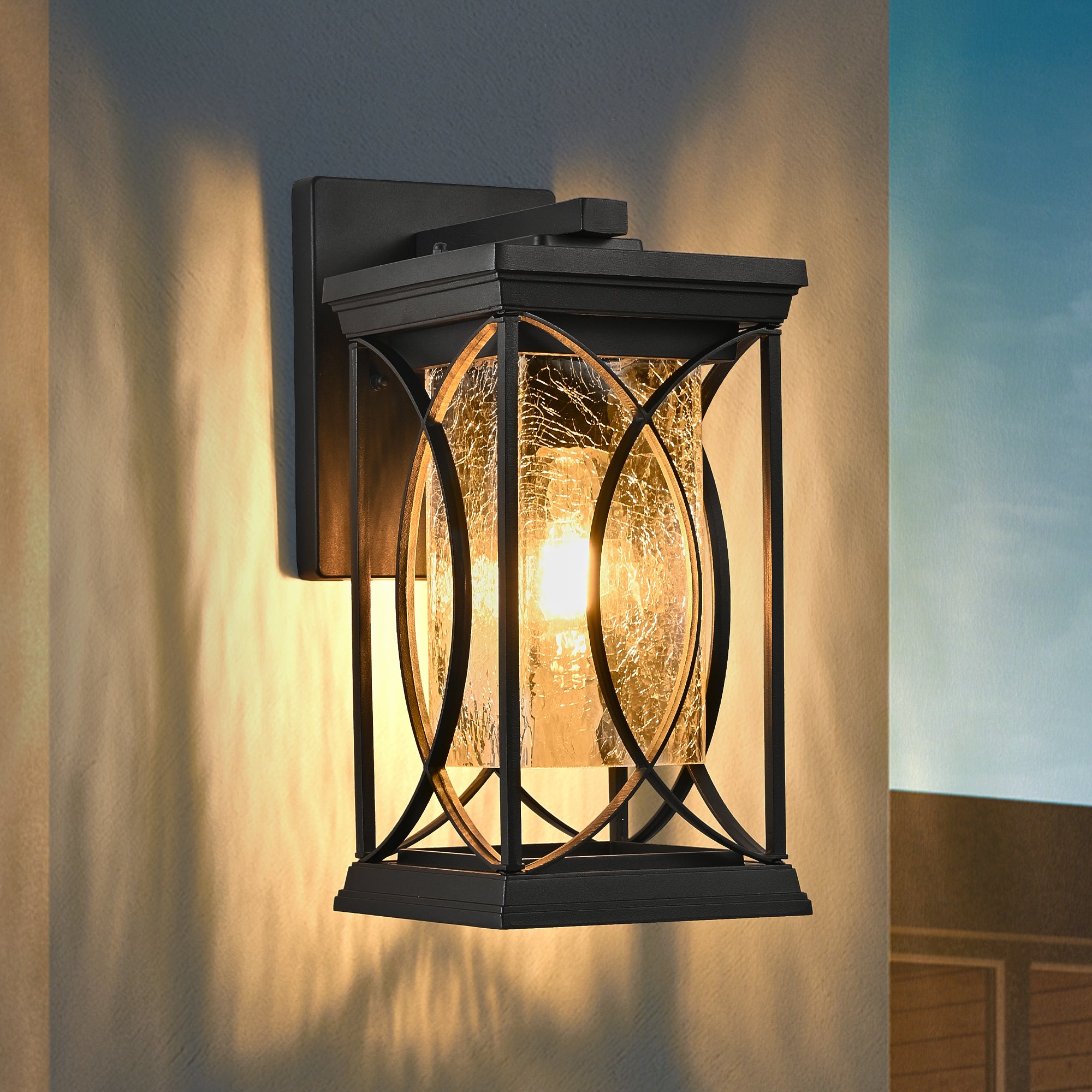 Single Black Outdoor Wall Lantern with Crackled Glass