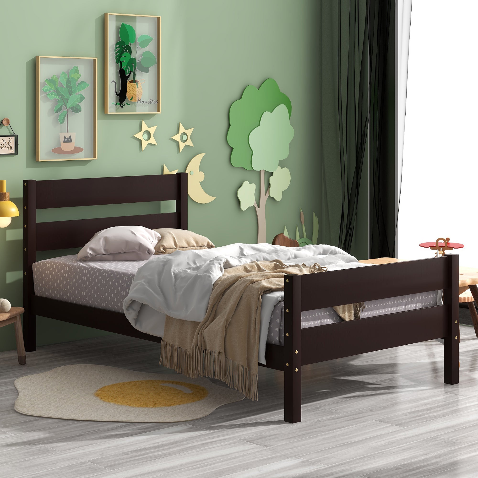 Espresso Tone Twin Bed with Headboard and Footboard