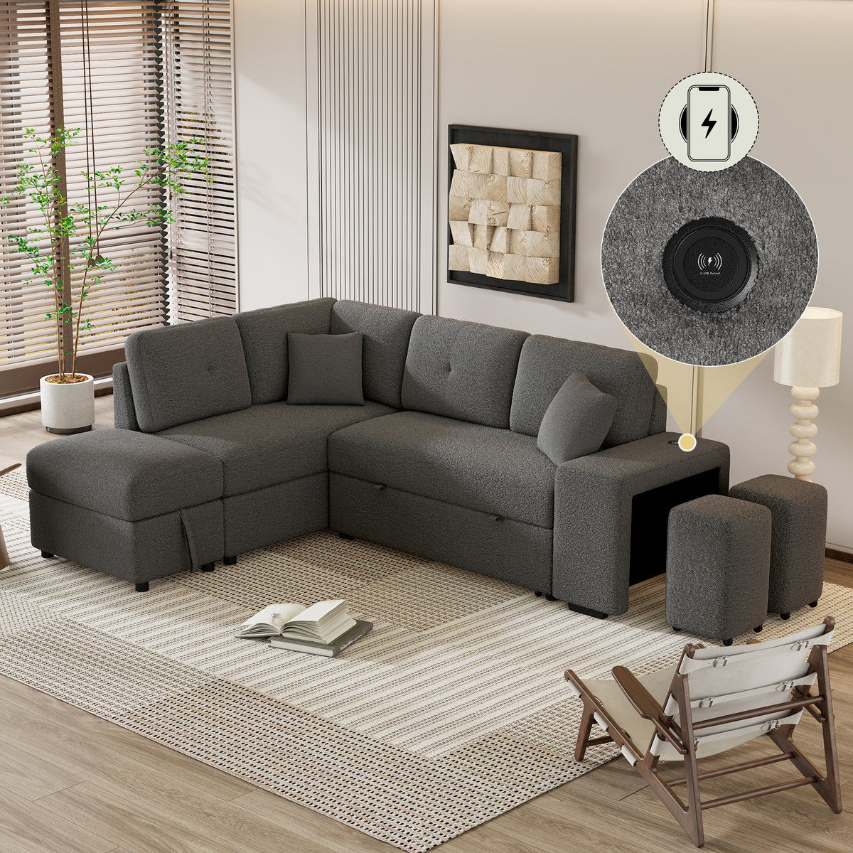 Dark Gray Chenille Pull-Out Sofa Bed with Storage Ottomans and Wireless Charger